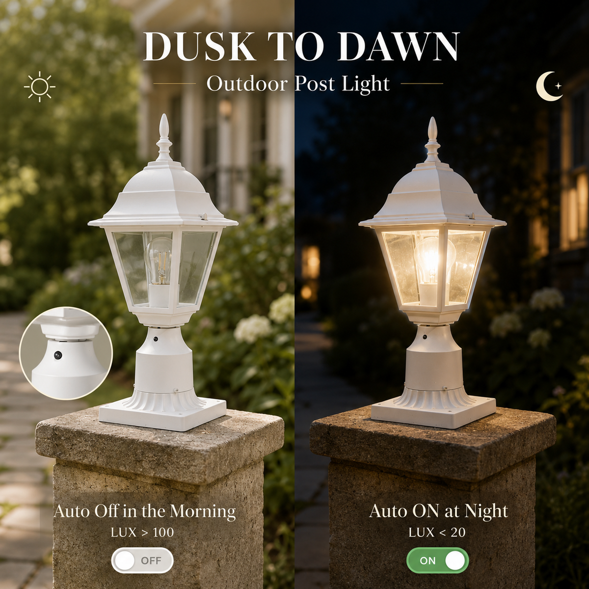 2 Pack Dusk-to-Dawn White Outdoor Post Light with Clear Glass Shade, Traditional Pier Mount Lantern