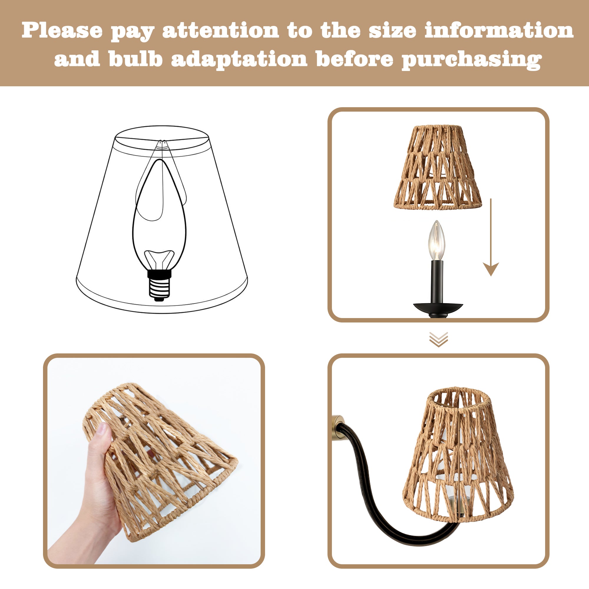 Rattan Clip On Lamp Shades for Candelabra Bulbs, 6 Pack Natural Woven Lampshades for Chandelier & Wall Sconce