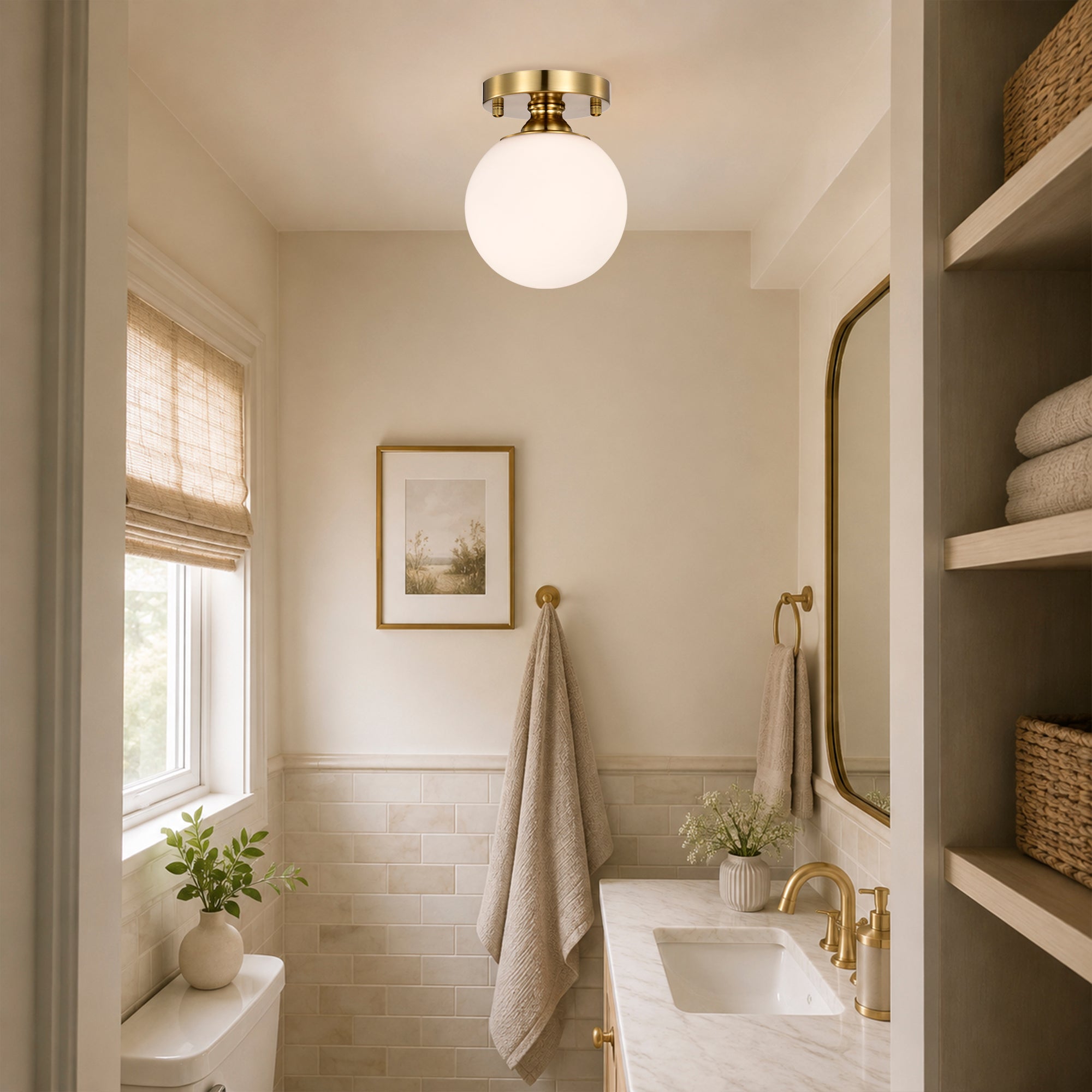 Opal Glass Globe Flush Mount Ceiling Light, Modern Brass Fixture for Bedroom, Kitchen & Entryway