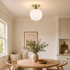 Opal Glass Globe Flush Mount Ceiling Light, Modern Brass Fixture for Bedroom, Kitchen & Entryway