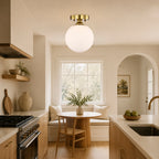 Opal Glass Globe Flush Mount Ceiling Light, Modern Brass Fixture for Bedroom, Kitchen & Entryway