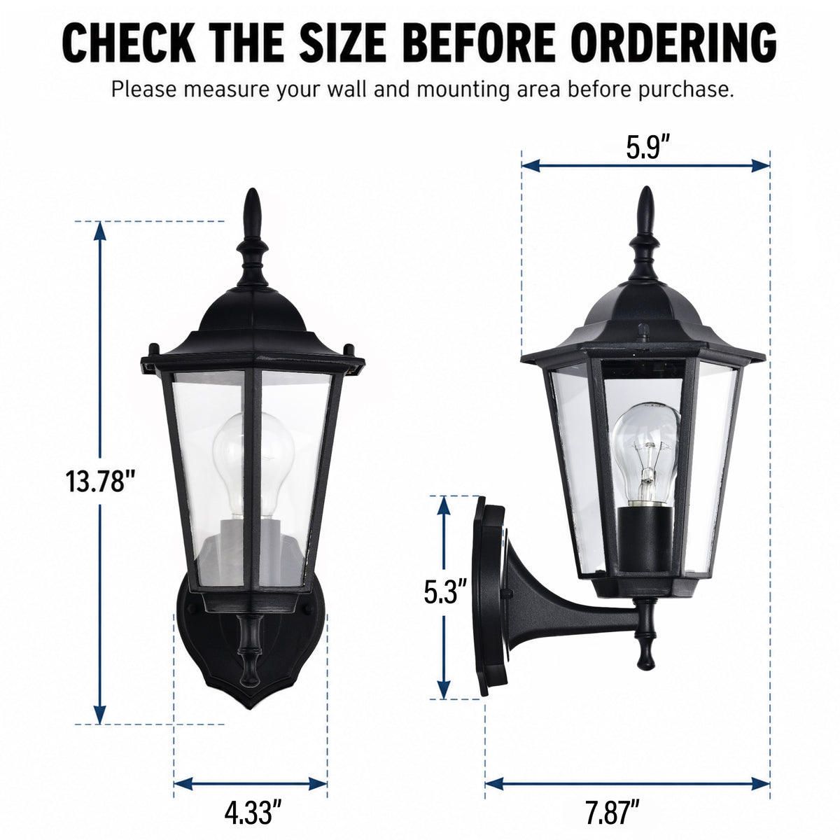 2 Pack Classic Black Outdoor Wall Lanterns with Clear Glass, E26 Hardwired Porch Lights