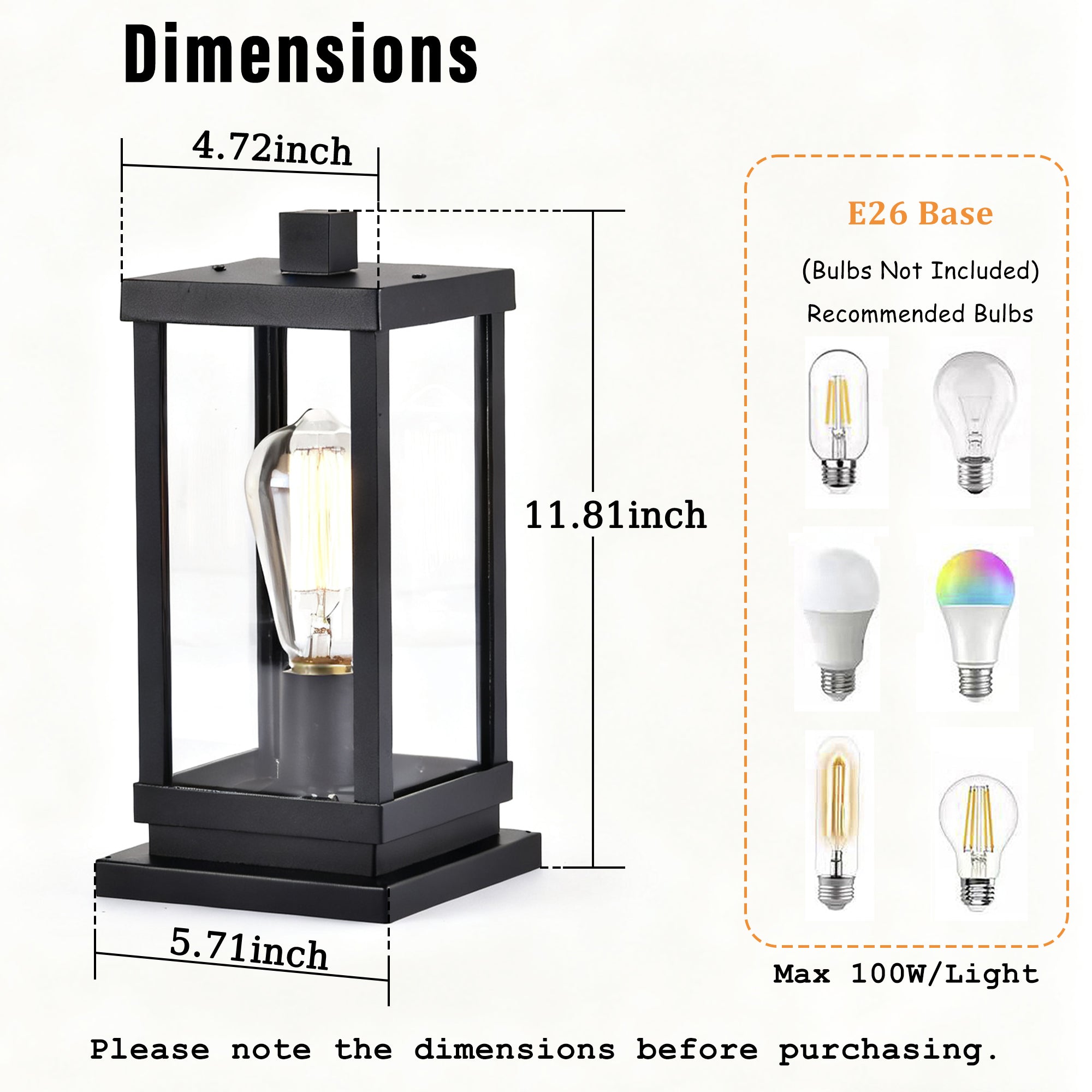 Outdoor Post Light modern - black aluminum, 11.81" H x 5.71" W x 4.72" D