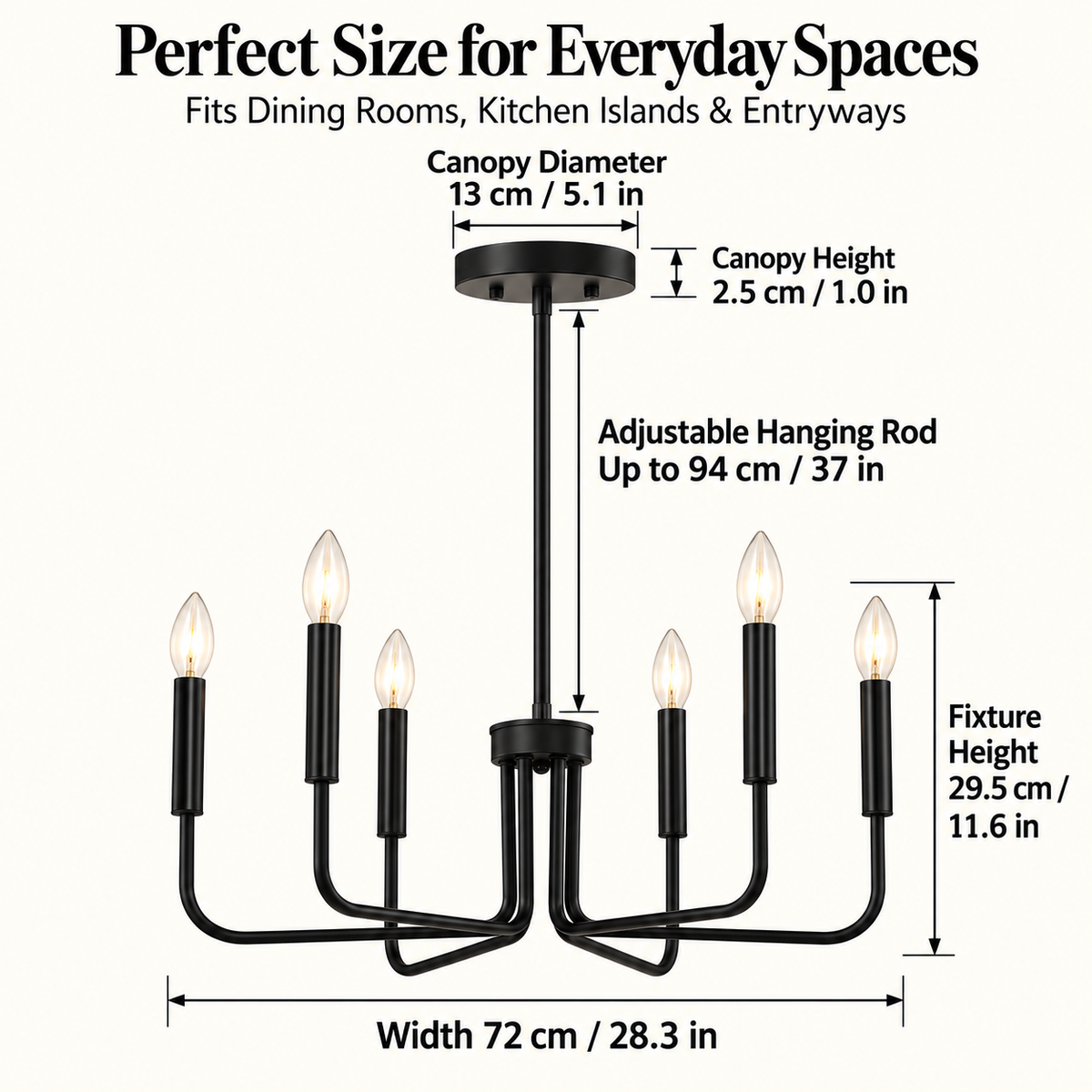 6-Light Matte Black Chandelier, Modern Candle Style Dining Room Light