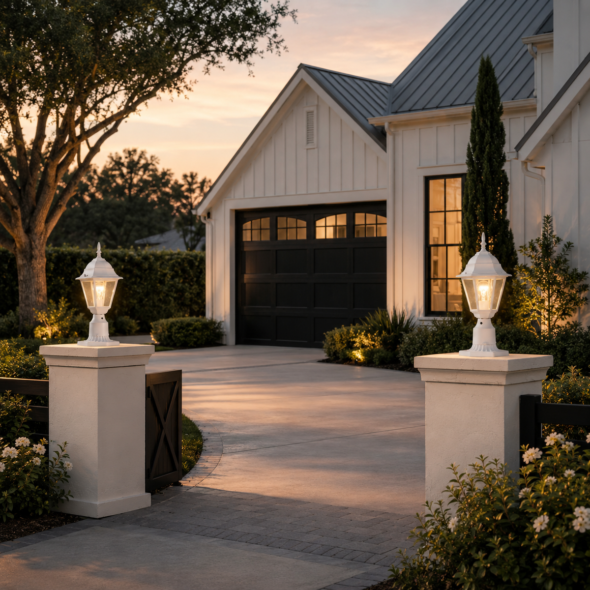 2 Pack Dusk-to-Dawn White Outdoor Post Light with Clear Glass Shade, Traditional Pier Mount Lantern
