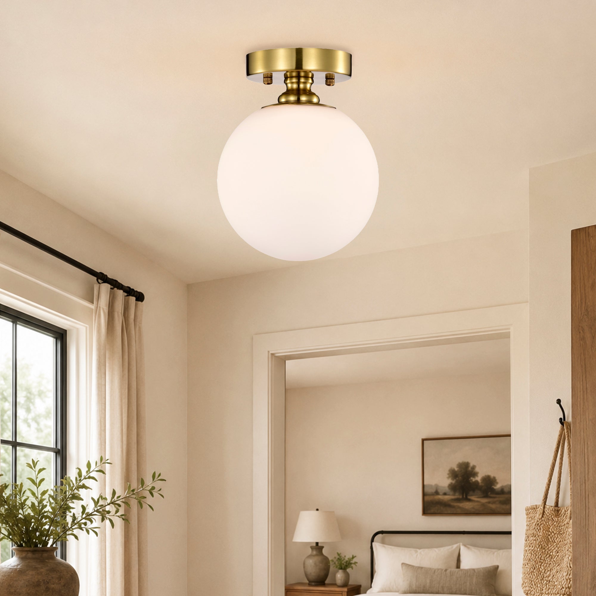 Opal Glass Globe Flush Mount Ceiling Light, Modern Brass Fixture for Bedroom, Kitchen & Entryway