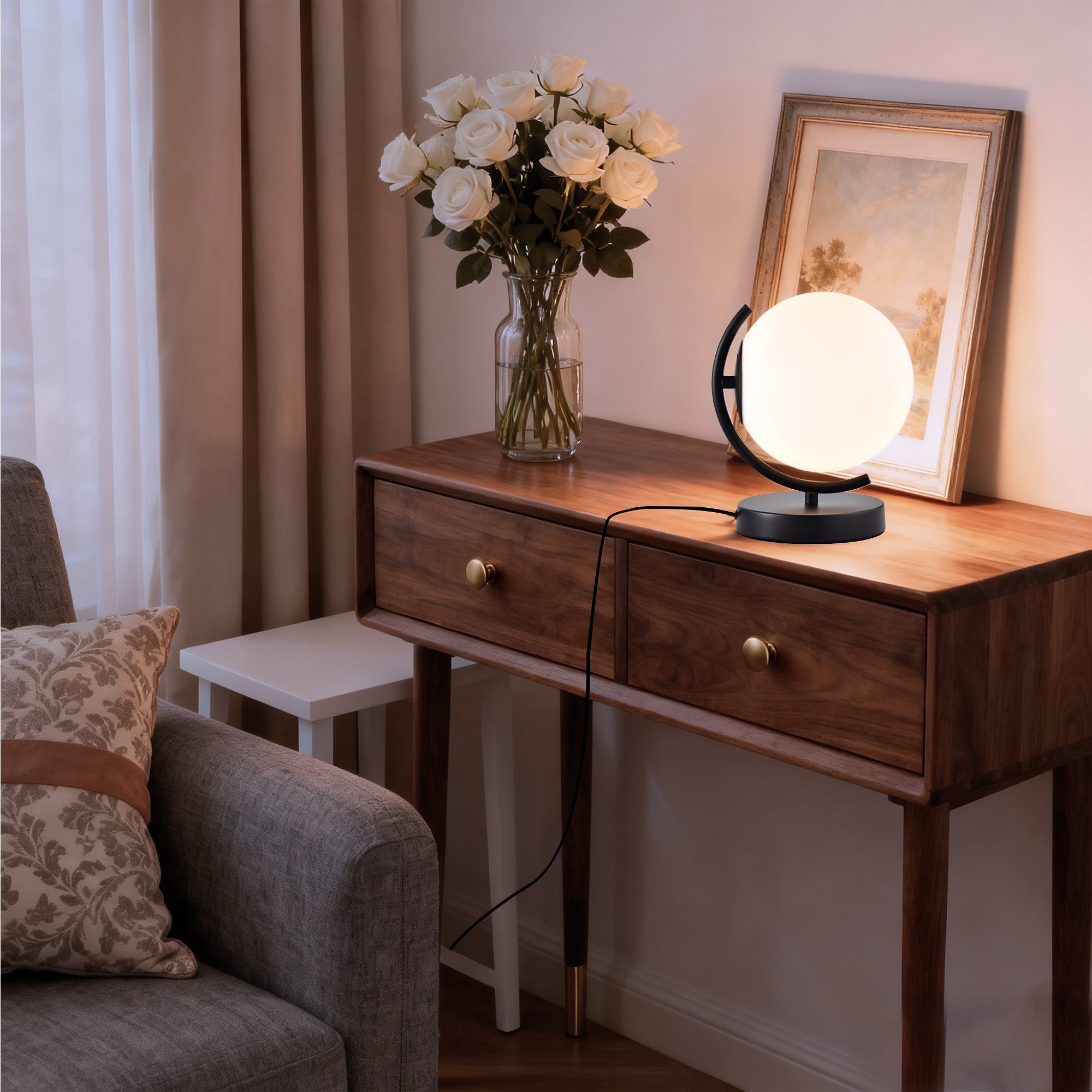 Modern Globe Table Lamp with Glass Shade and Plug-in Switch, E12 Base Bedside Lamp for Bedroom & Living Room