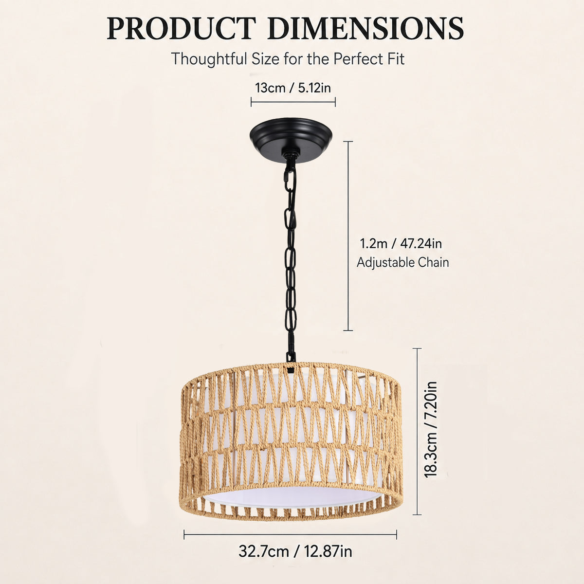 Woven Rope Pendant Light with Fabric Diffuser, Natural Hanging Light for Kitchen Island & Dining Room