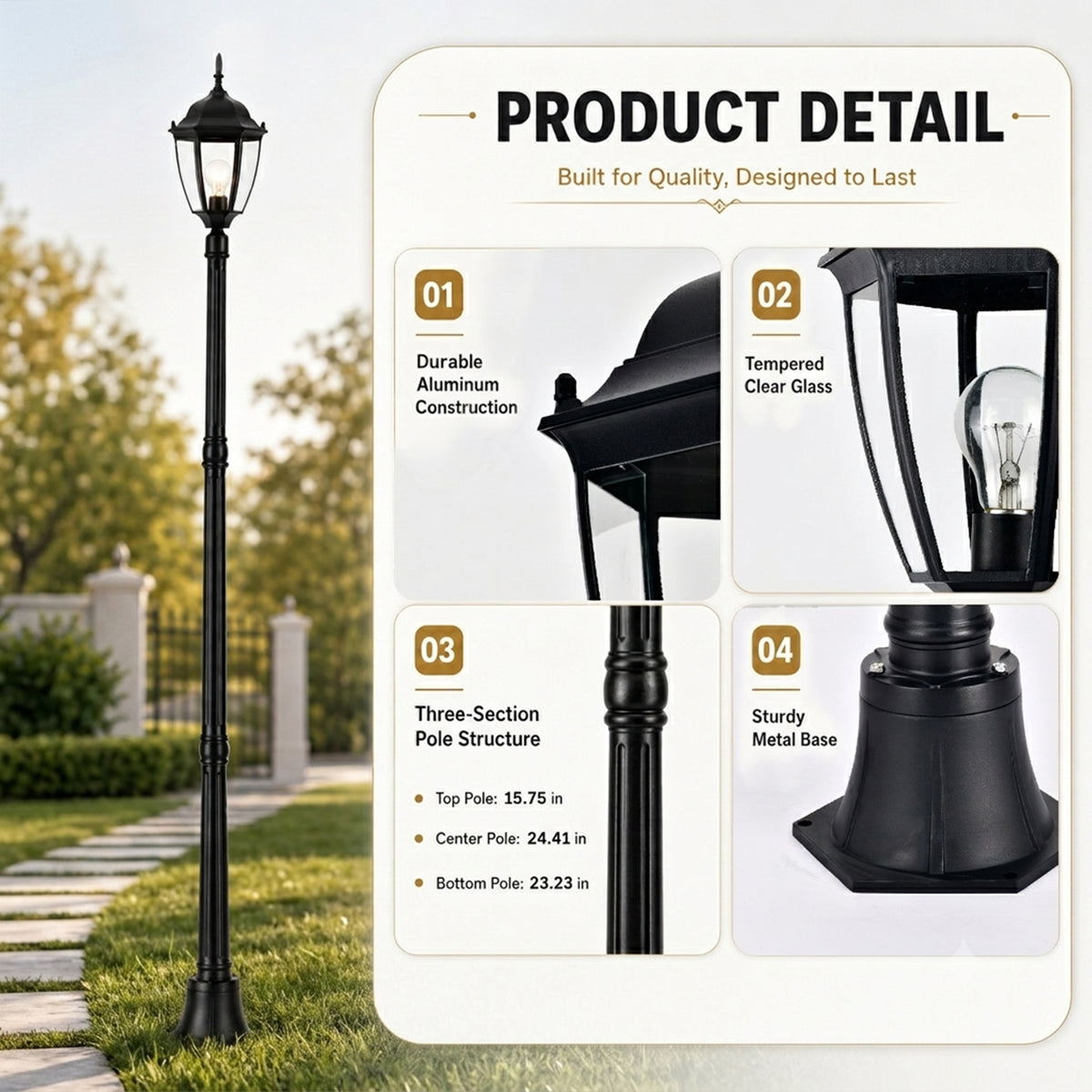 84.6"Classic Black Outdoor Post Light for Path，Walkway