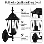 2 Pack Classic Black Outdoor Wall Lanterns with Clear Glass, E26 Hardwired Porch Lights