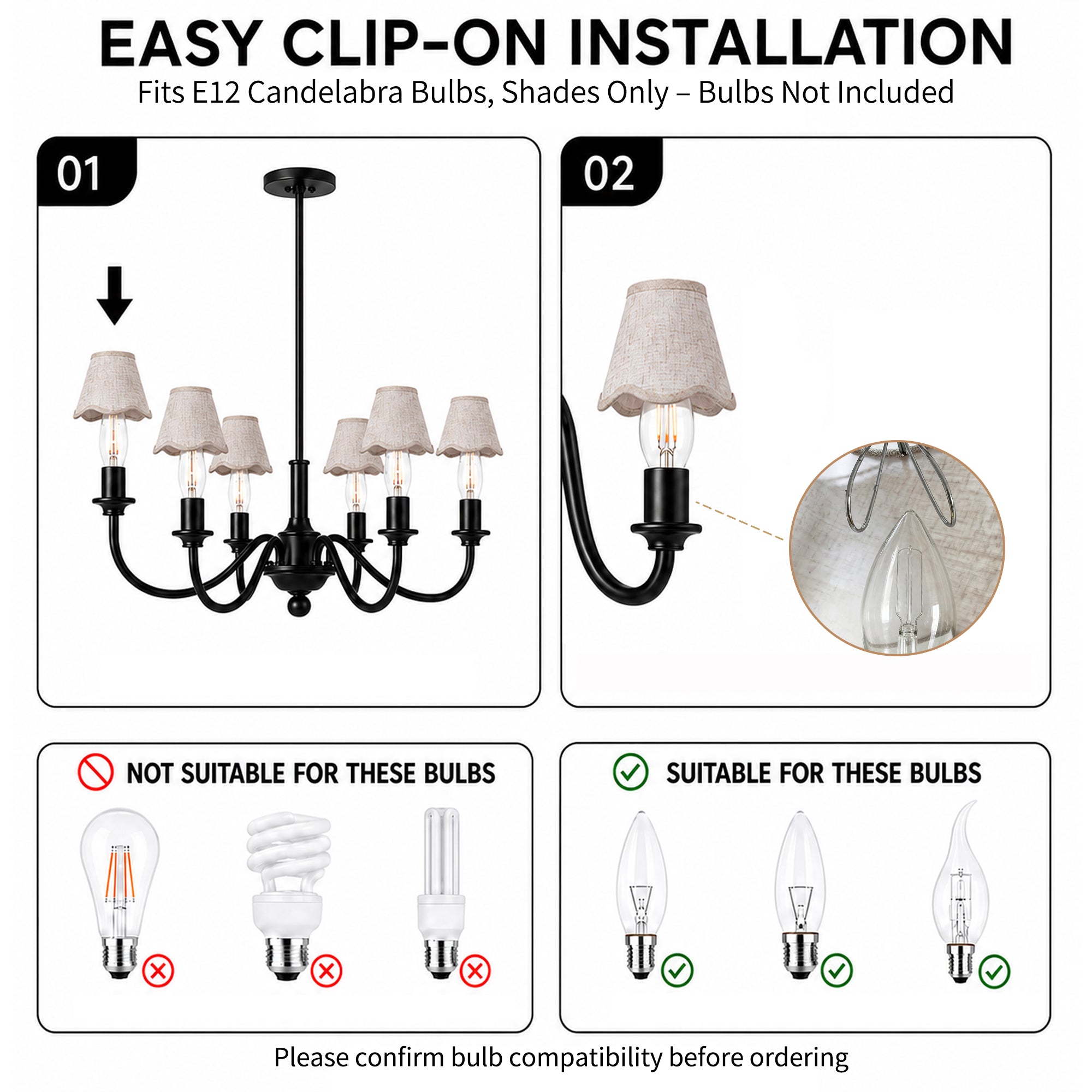 6-Pack Clip-On Fabric Lamp Shades for E12 Candelabra Bulbs, Scalloped Edge