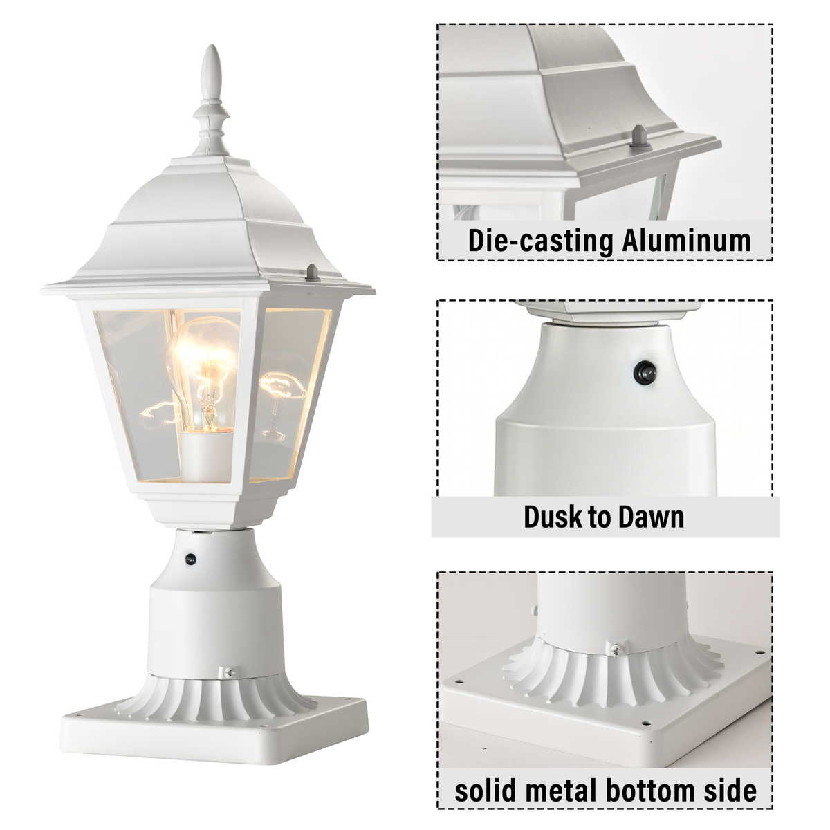 2 Pack Dusk-to-Dawn White Outdoor Post Light with Clear Glass Shade, Traditional Pier Mount Lantern