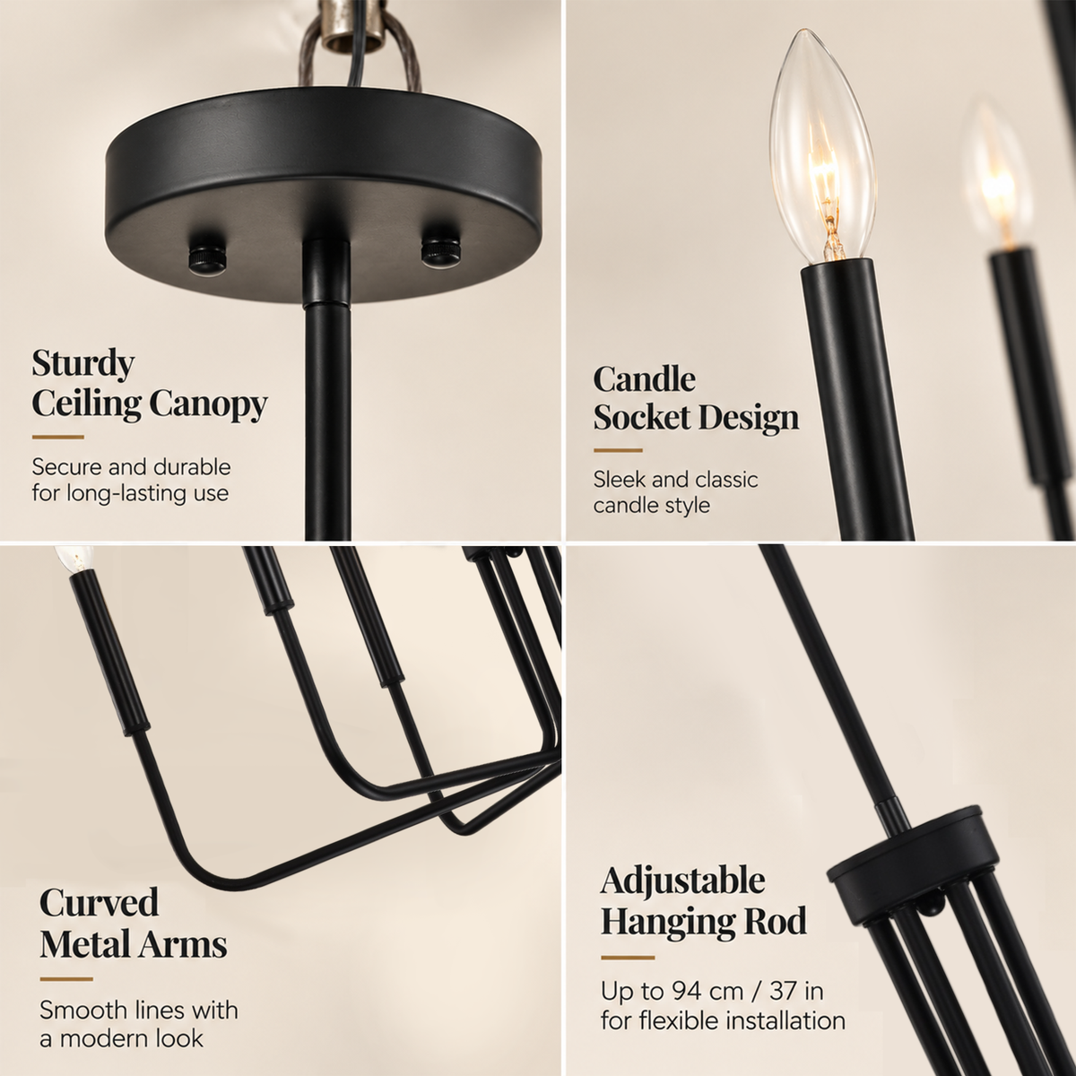 6-Light Matte Black Chandelier, Modern Candle Style Dining Room Light
