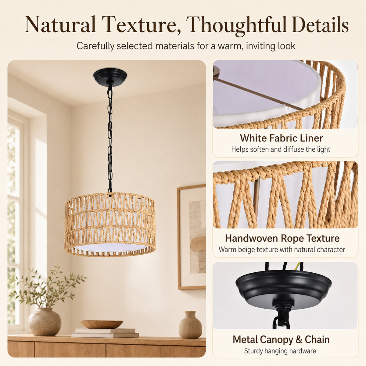 Woven Rope Pendant Light with Fabric Diffuser, Natural Hanging Light for Kitchen Island & Dining Room