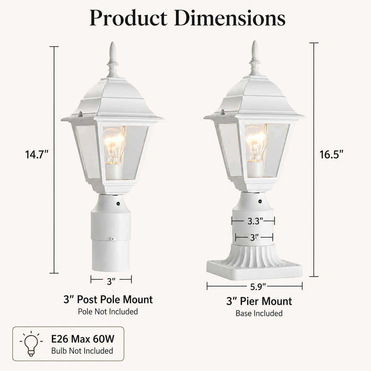 2 Pack Dusk-to-Dawn White Outdoor Post Light with Clear Glass Shade, Traditional Pier Mount Lantern