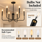 6-Light Matte Black Chandelier, Modern Candle Style Dining Room Light