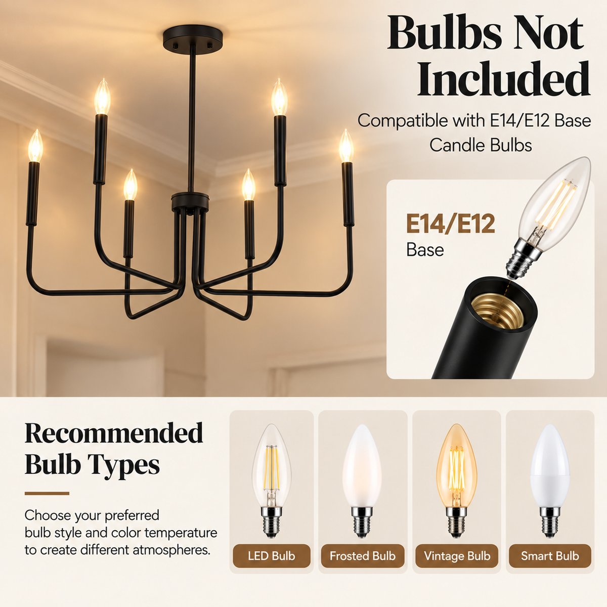 6-Light Matte Black Chandelier, Modern Candle Style Dining Room Light