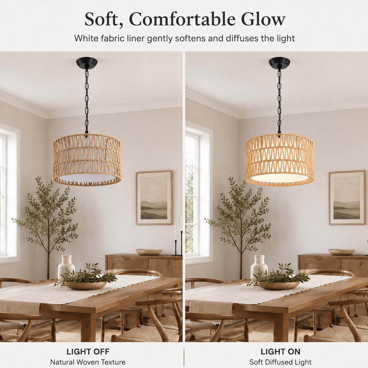 Woven Rope Pendant Light with Fabric Diffuser, Natural Hanging Light for Kitchen Island & Dining Room
