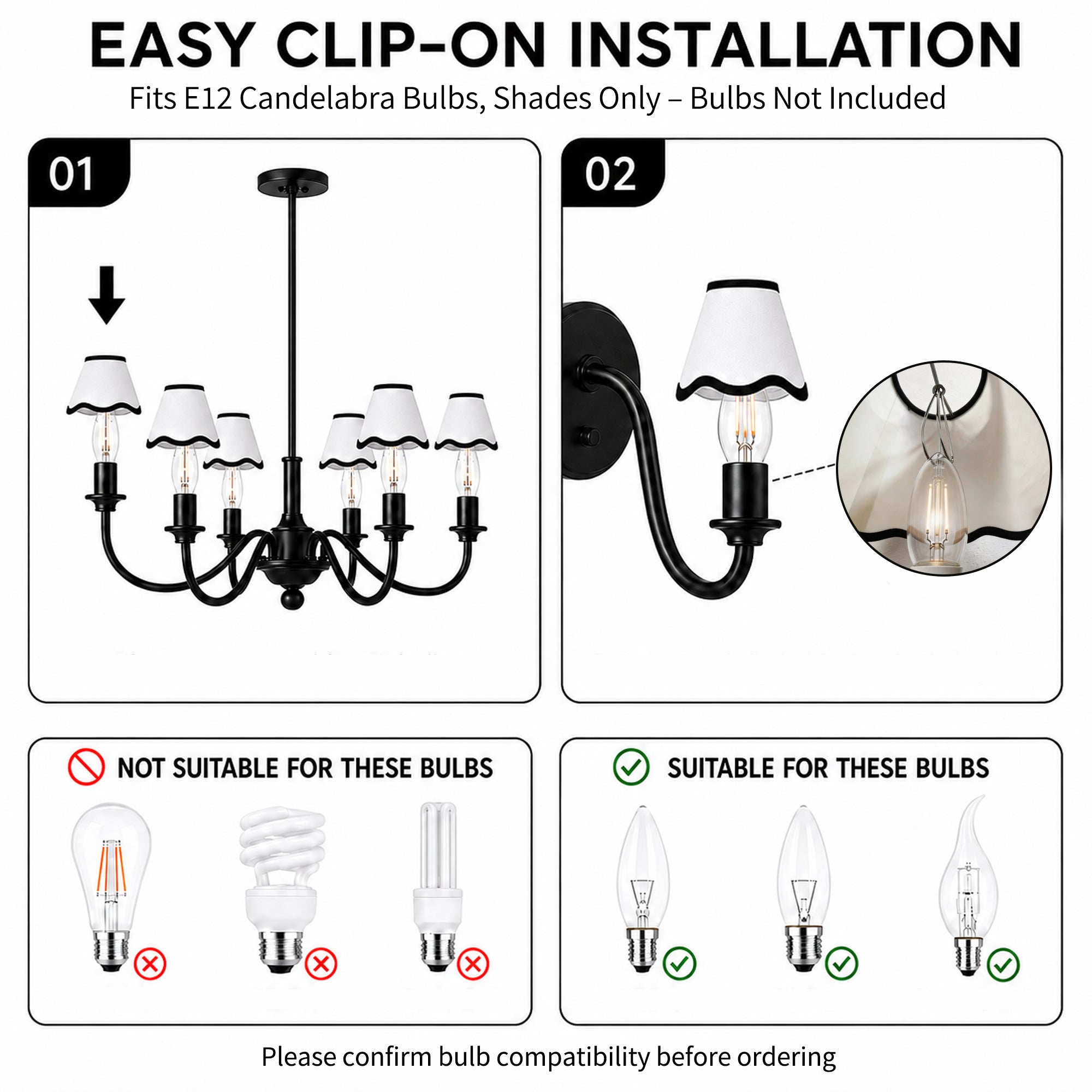 6-Pack Clip-On Fabric Lamp Shades for E12 Candelabra Bulbs, Scalloped Edge
