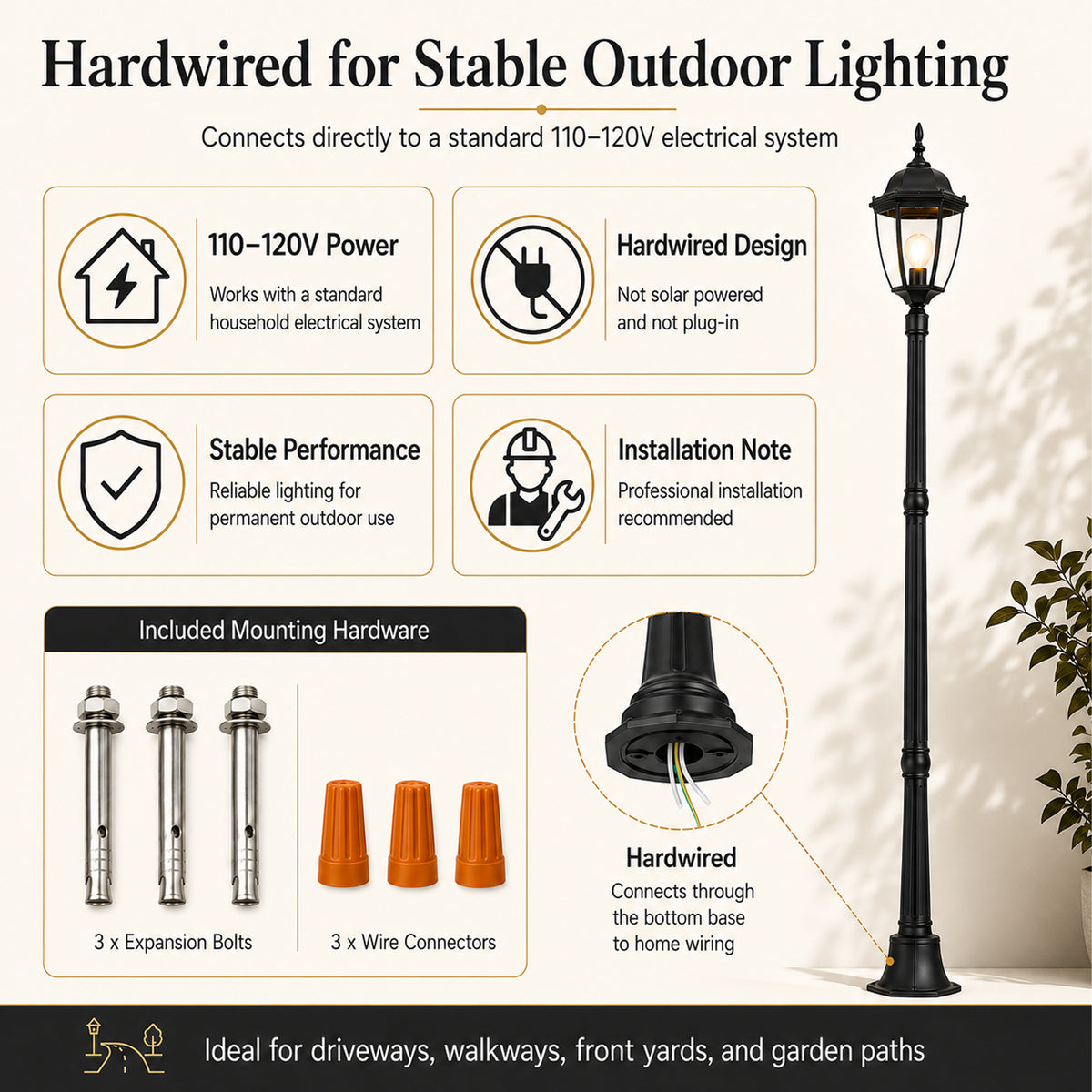 84.6"Classic Black Outdoor Post Light for Path，Walkway