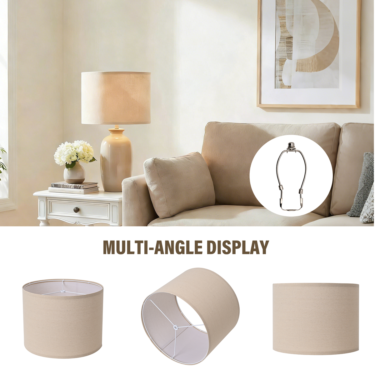 Beige Drum Lamp Shades Set of 2, Replacement Lamp Shades with Spider Fitter