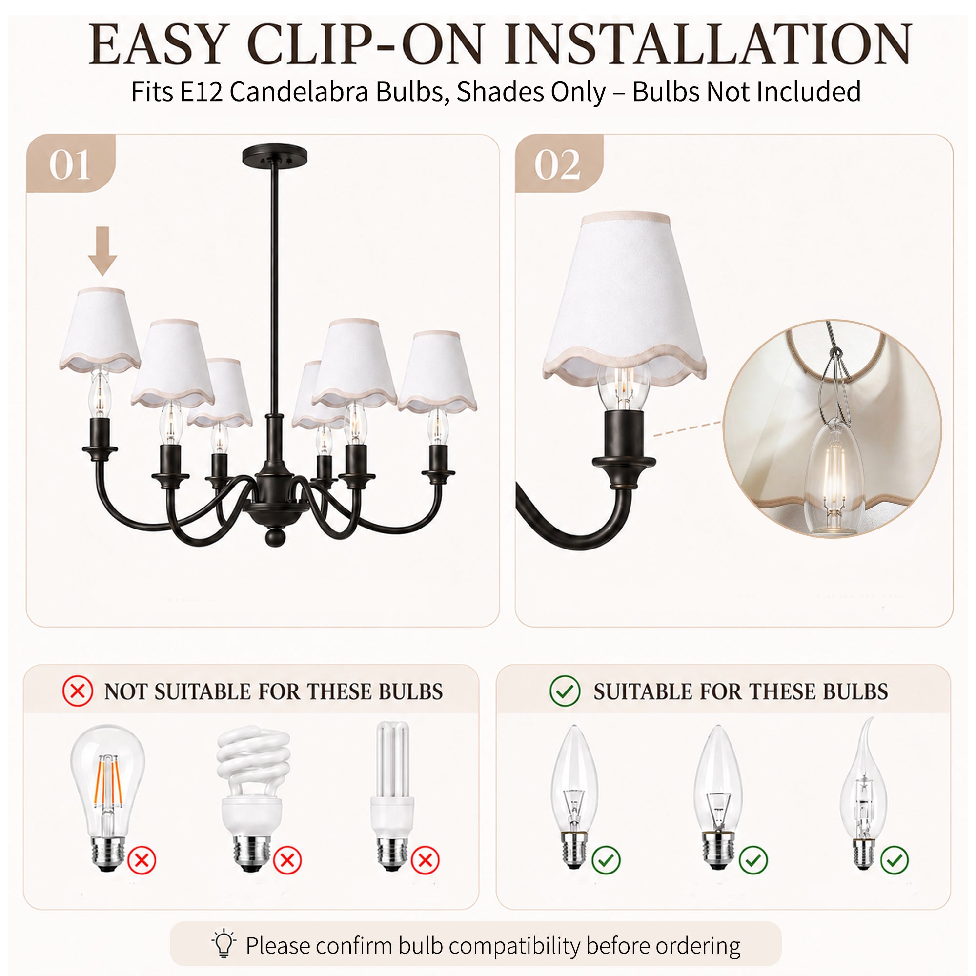 6-Pack Clip-On Fabric Lamp Shades for E12 Candelabra Bulbs, Scalloped Edge