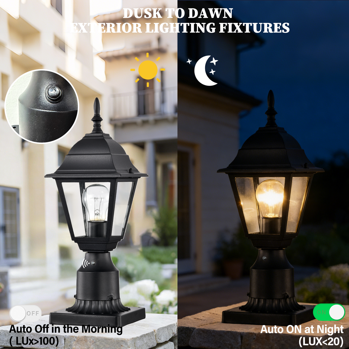 2-Pack Dusk-to-Dawn Outdoor Post Lanterns with Pier Mount Bases, Black