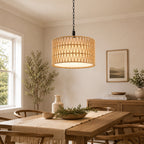 Woven Rope Pendant Light with Fabric Diffuser, Natural Hanging Light for Kitchen Island & Dining Room