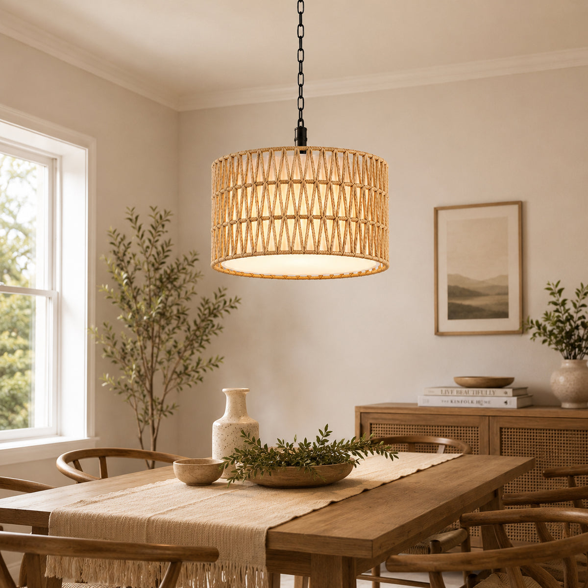 Woven Rope Pendant Light with Fabric Diffuser, Natural Hanging Light for Kitchen Island & Dining Room