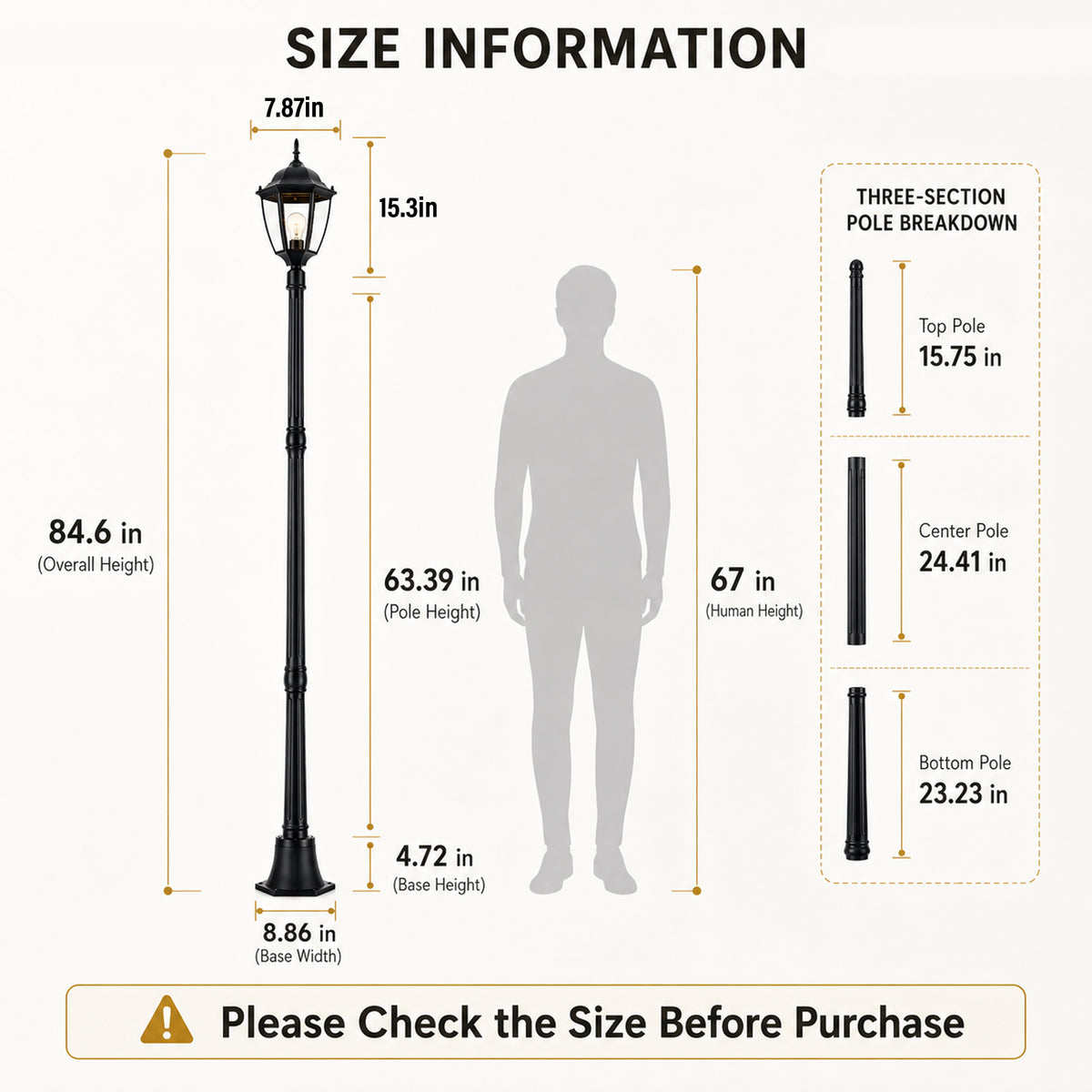 84.6"Classic Black Outdoor Post Light for Path，Walkway