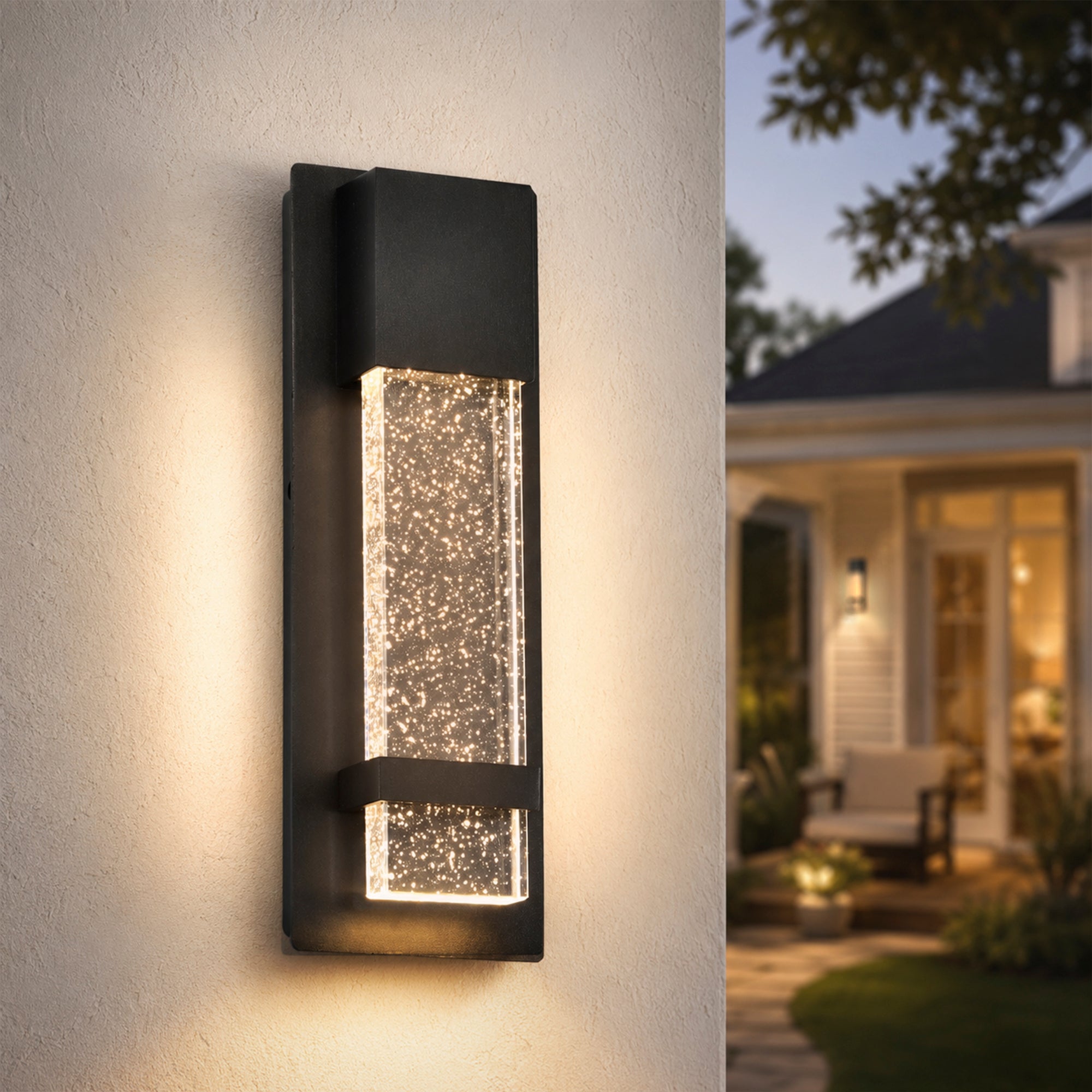 Integrated LED Outdoor Wall Light, Black Textured Glass Exterior Sconce, 3000K Warm White