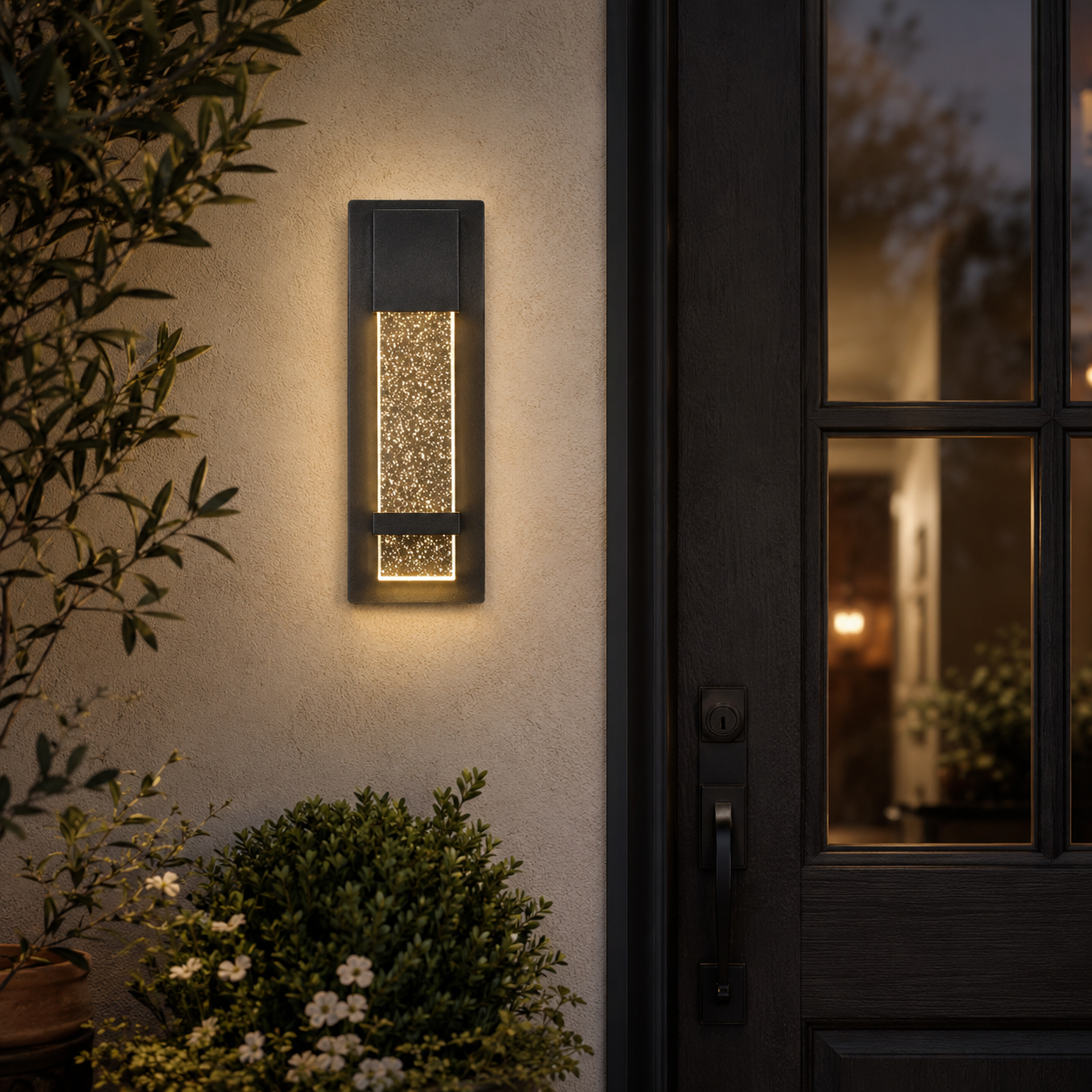 Integrated LED Outdoor Wall Light, Black Textured Glass Exterior Sconce, 3000K Warm White