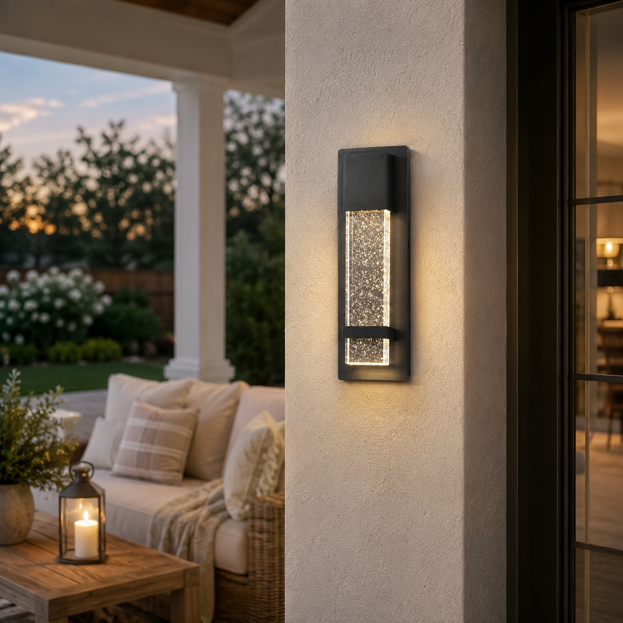 Integrated LED Outdoor Wall Light, Black Textured Glass Exterior Sconce, 3000K Warm White