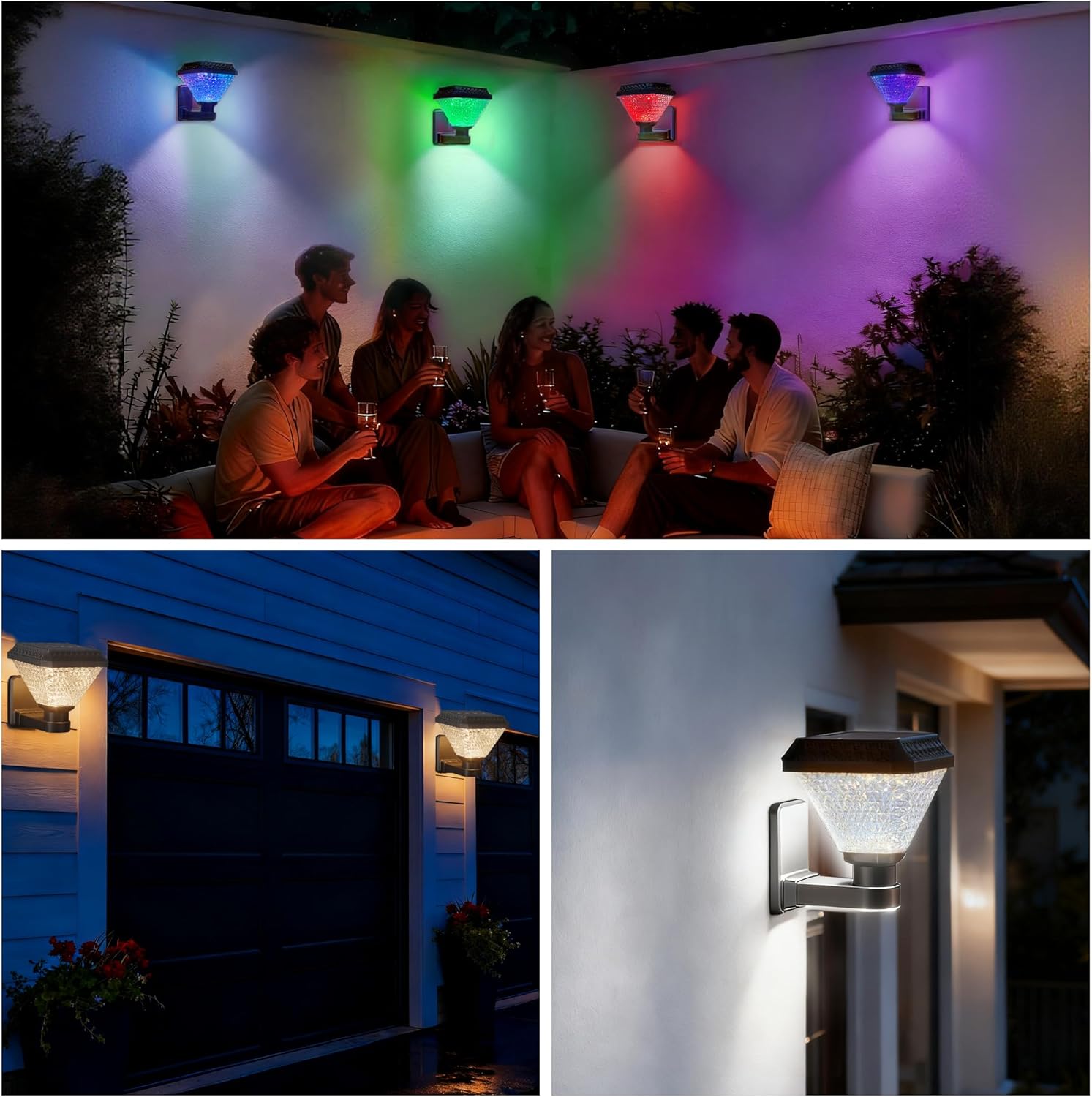 Solar Outdoor Wall Light with Remote, RGB Color Changing Wall Sconce for Porch & Garage