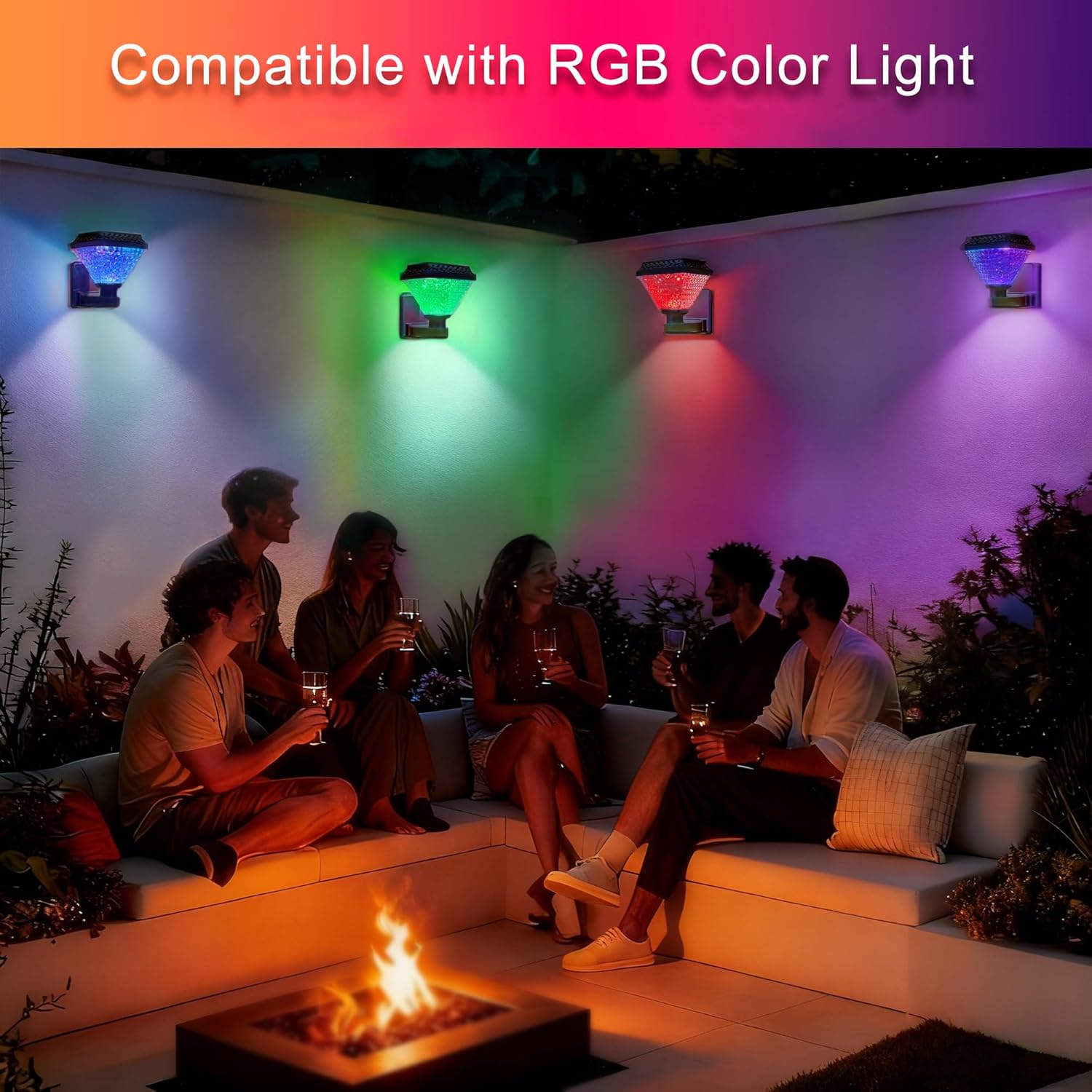 Solar Outdoor Wall Light with Remote, RGB Color Changing Wall Sconce for Porch & Garage