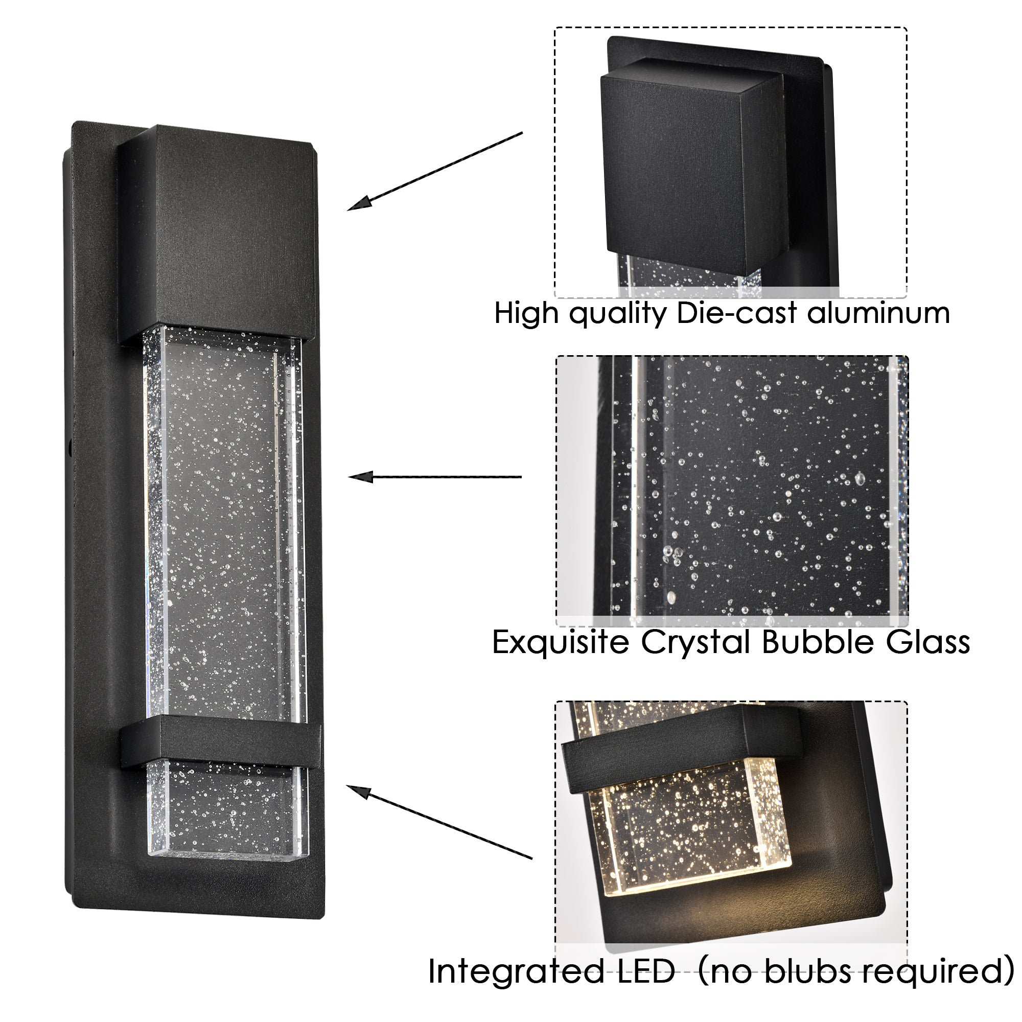 Integrated LED Outdoor Wall Light, Black Textured Glass Exterior Sconce, 3000K Warm White