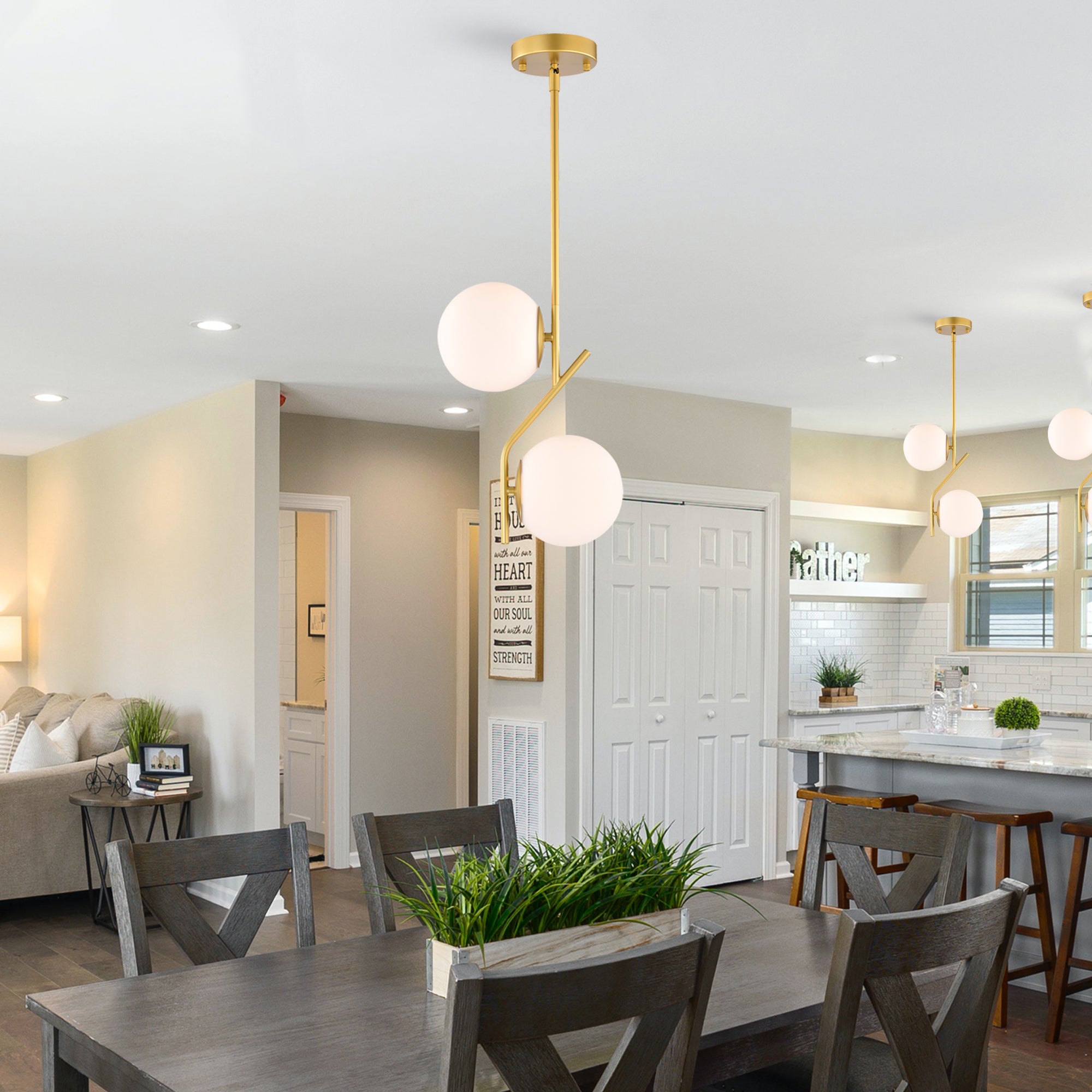 Gold Pendant Light Fixture Glass Globe Mid Century Pendant Lights 2-Light