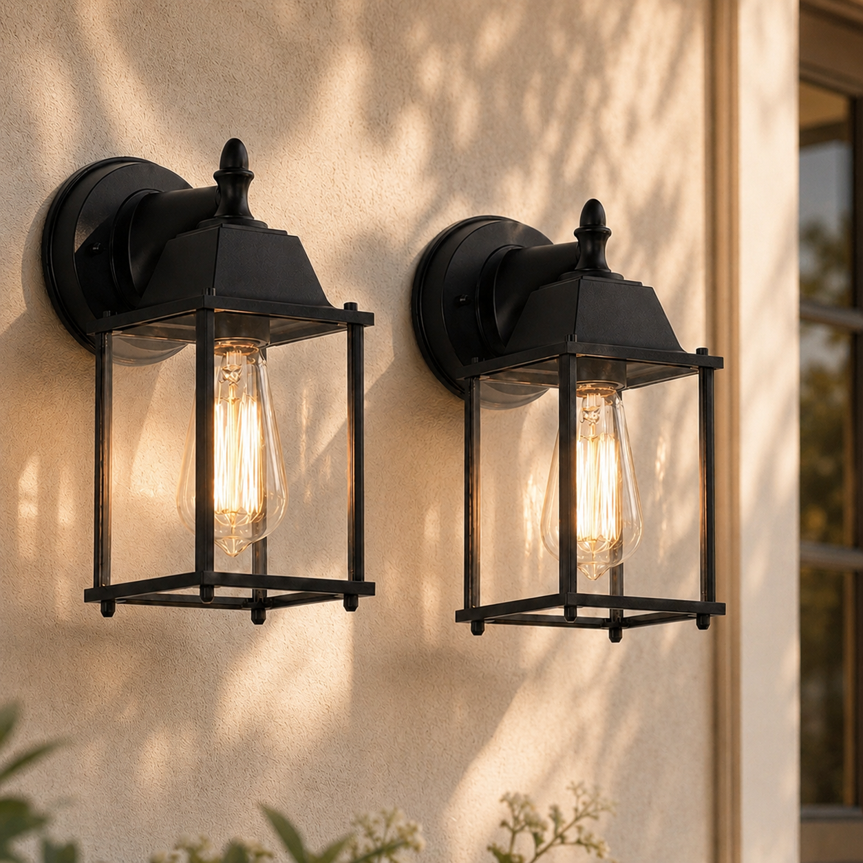 2 Pack Black Outdoor Wall Lanterns with Clear Glass, E26 Hardwired Porch Lights