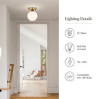 Opal Glass Globe Flush Mount Ceiling Light, Modern Brass Fixture for Bedroom, Kitchen & Entryway