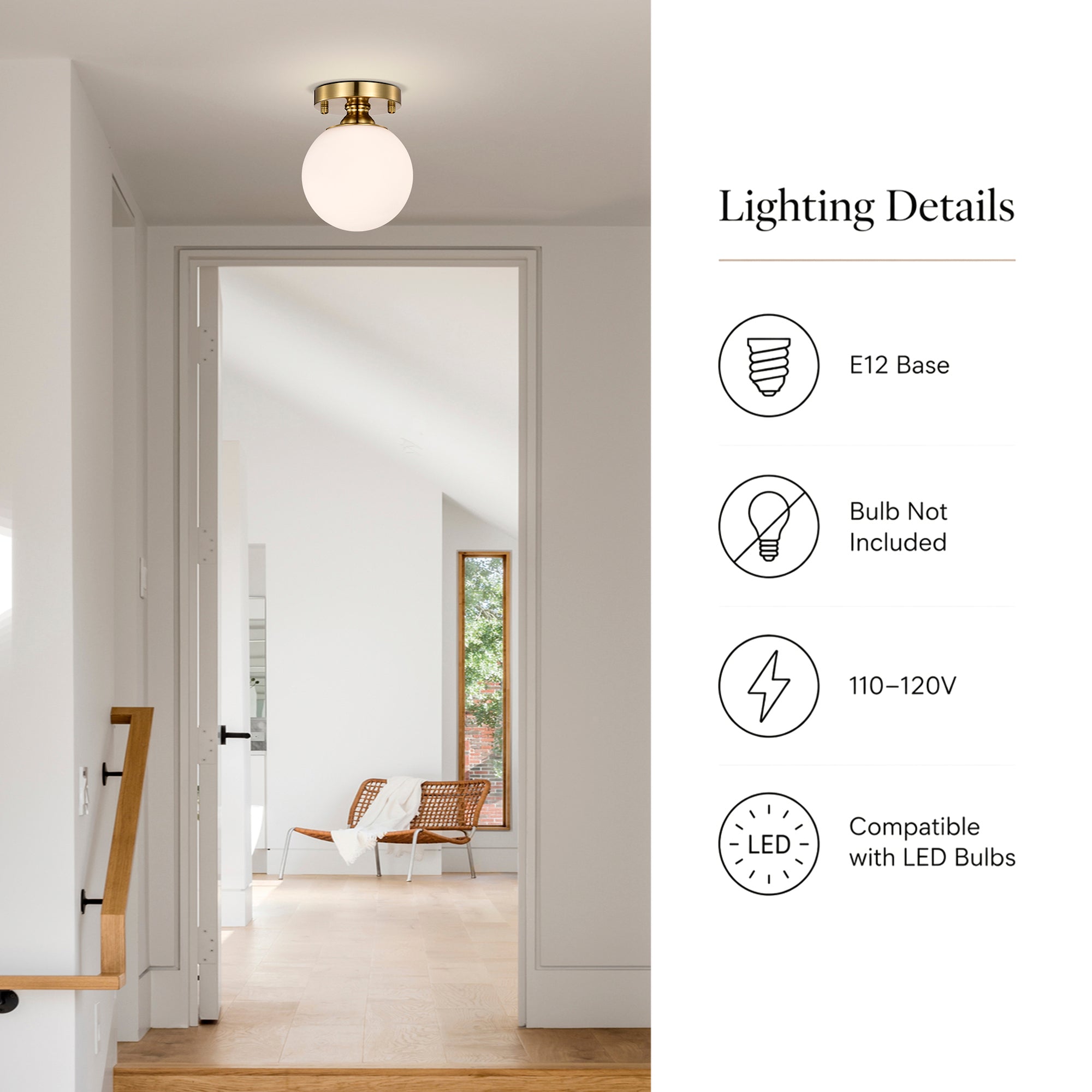 Opal Glass Globe Flush Mount Ceiling Light, Modern Brass Fixture for Bedroom, Kitchen & Entryway