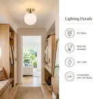 Opal Glass Globe Flush Mount Ceiling Light, Modern Brass Fixture for Bedroom, Kitchen & Entryway