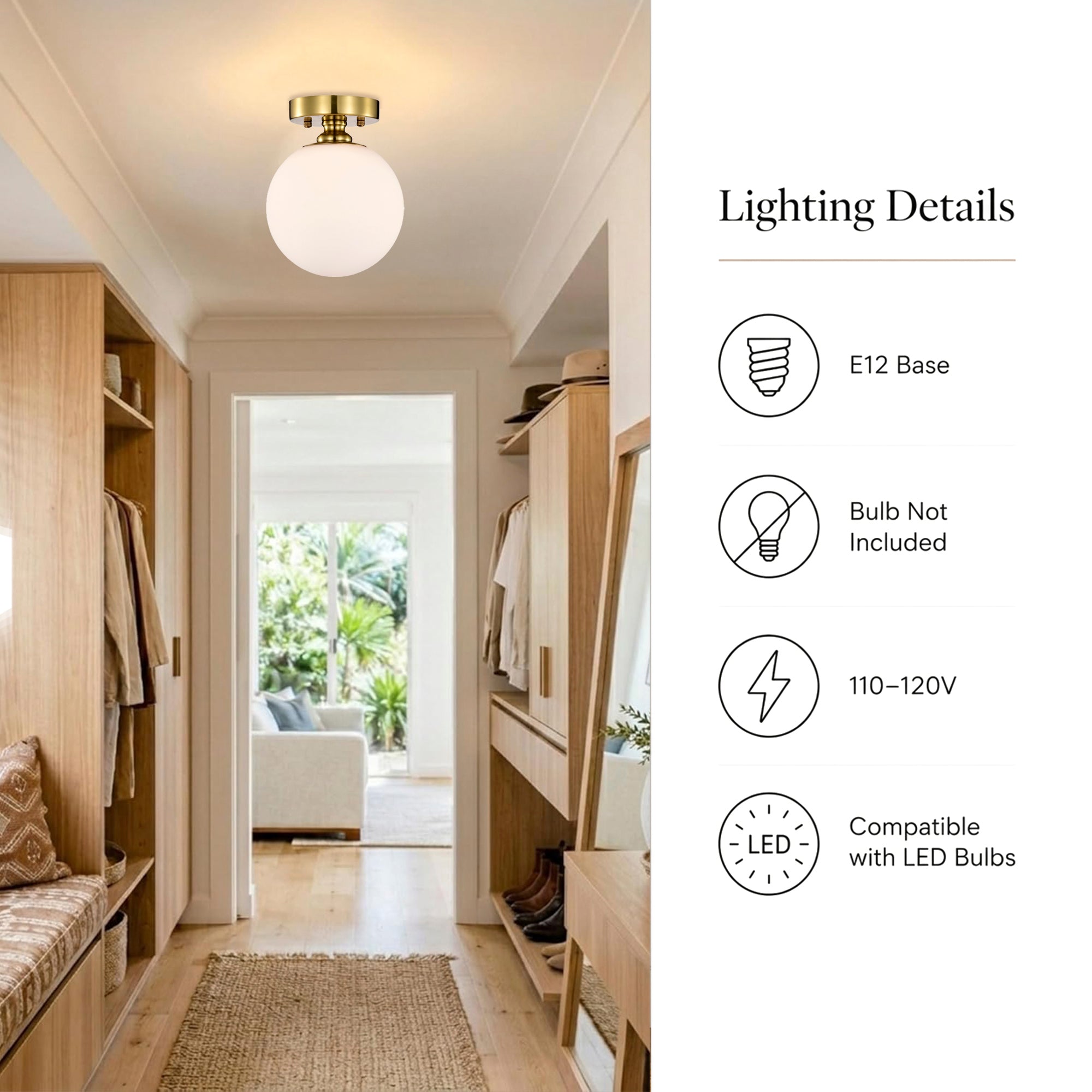 Opal Glass Globe Flush Mount Ceiling Light, Modern Brass Fixture for Bedroom, Kitchen & Entryway