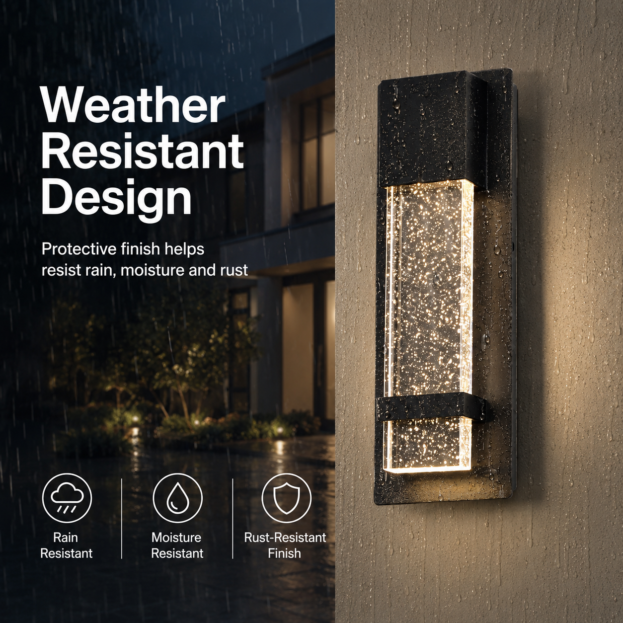 Integrated LED Outdoor Wall Light, Black Textured Glass Exterior Sconce, 3000K Warm White