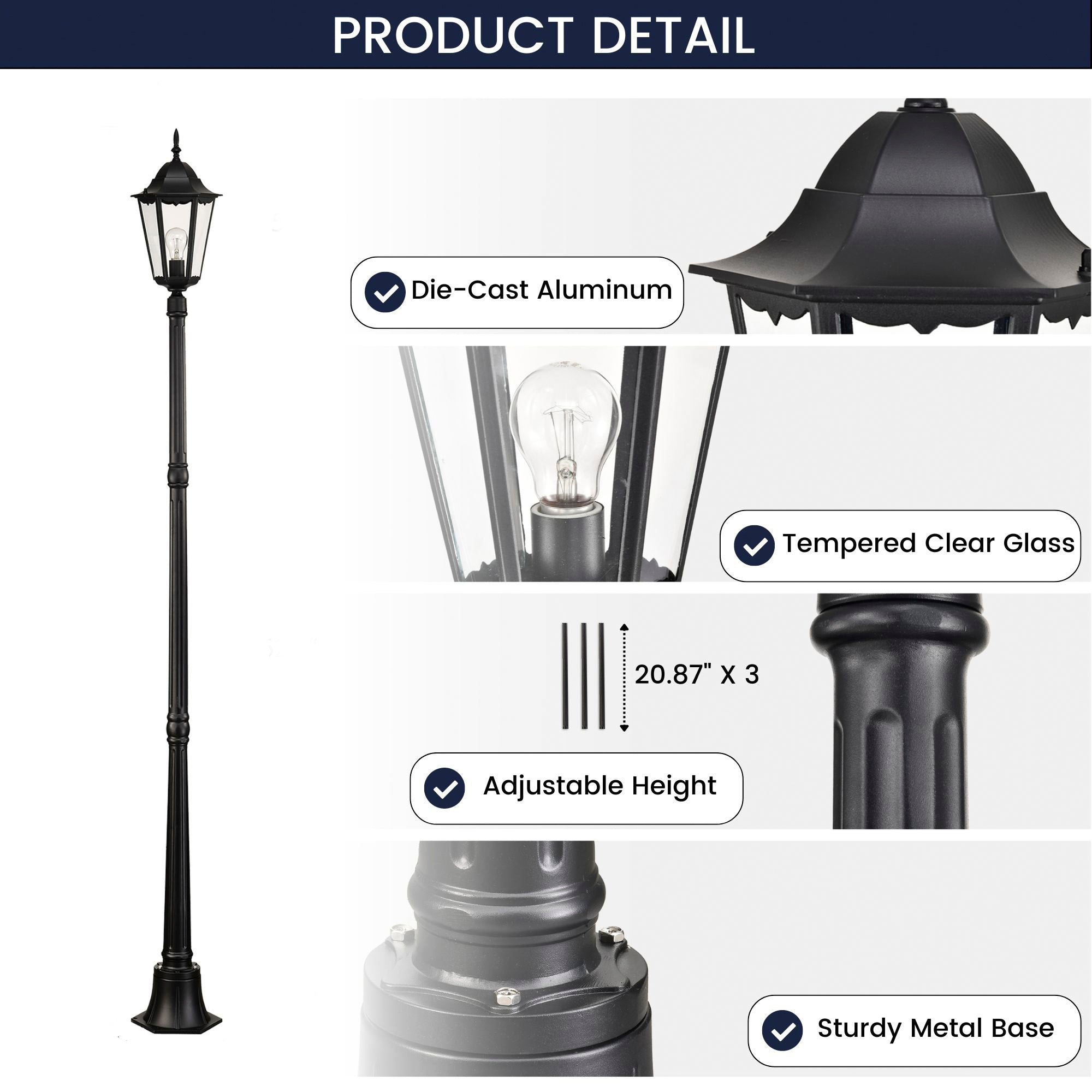 84" Classic Black Outdoor Post Light for Path，Walkway