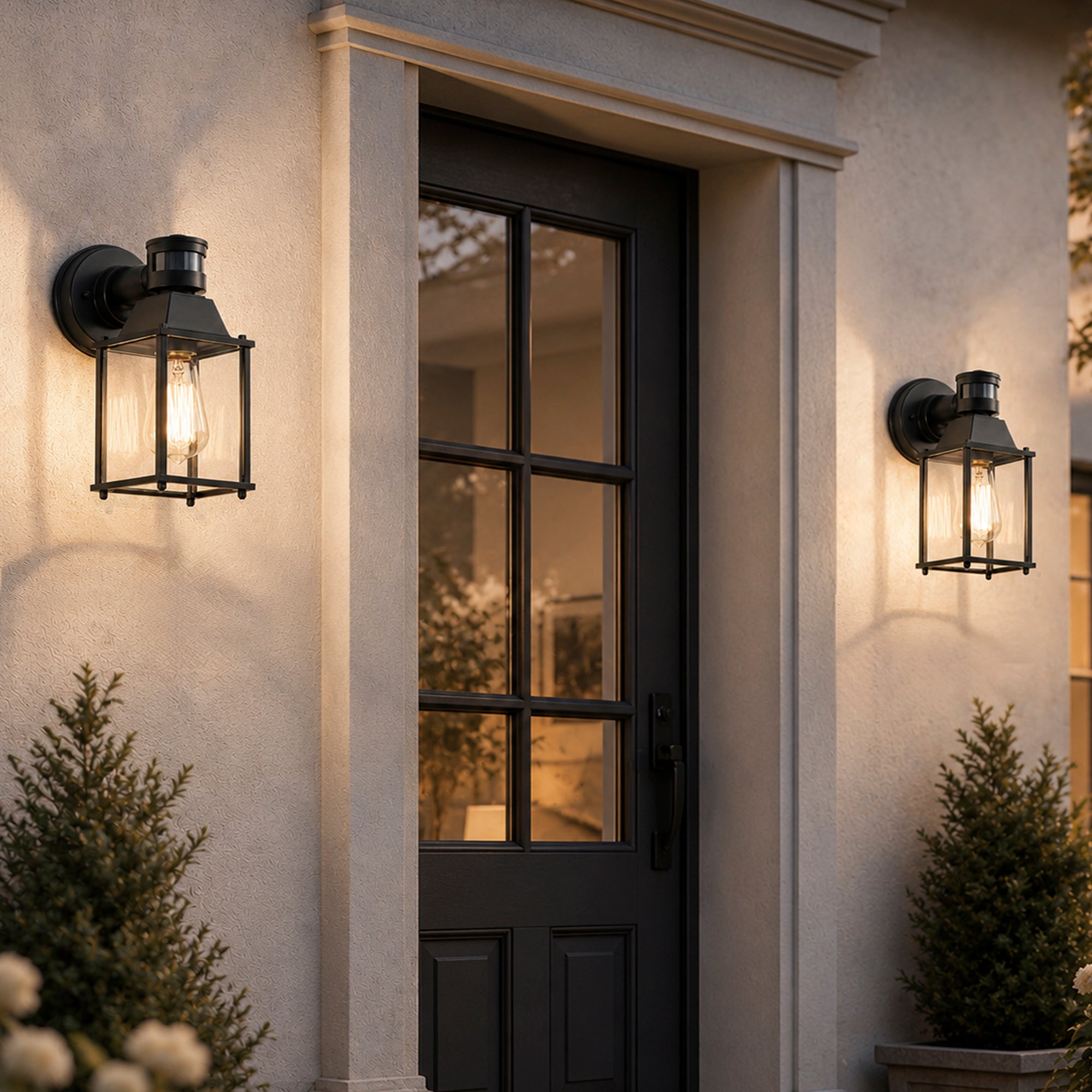 2 Pack Black Motion Sensor Outdoor Wall Lights, E26 Porch & Garage Lanterns