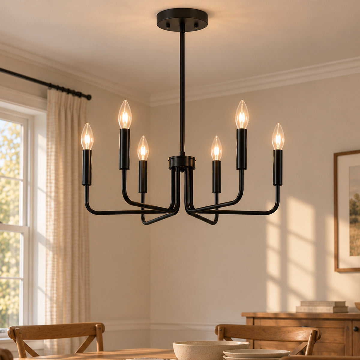 6-Light Matte Black Chandelier, Modern Candle Style Dining Room Light