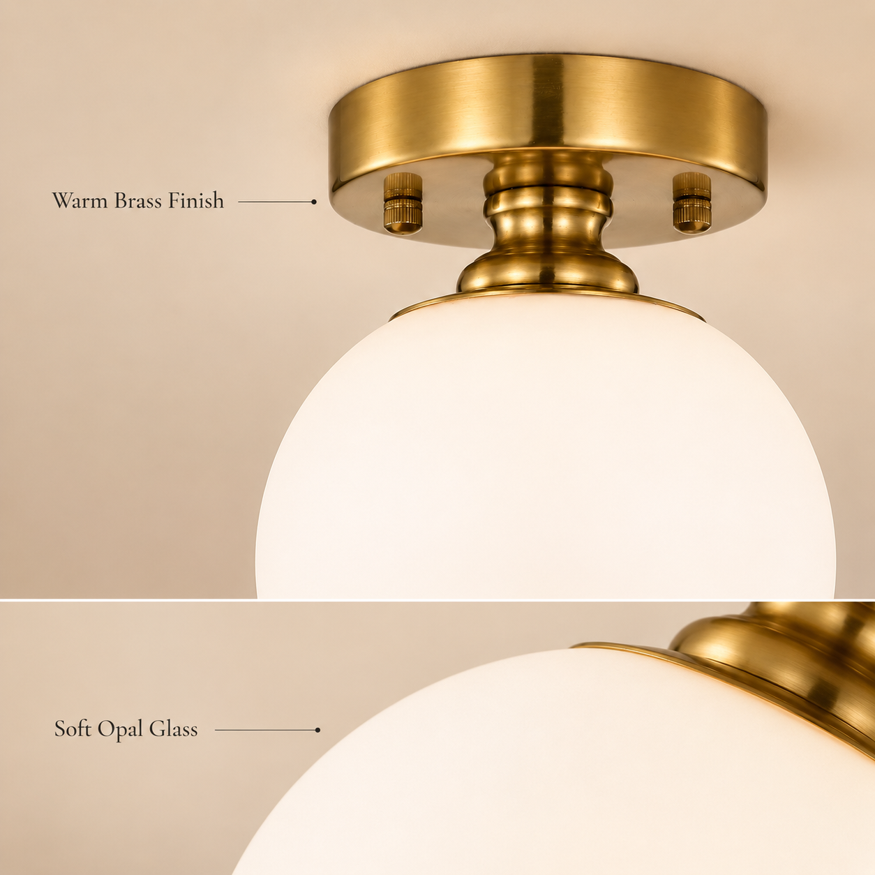 Opal Glass Globe Flush Mount Ceiling Light, Modern Brass Fixture for Bedroom, Kitchen & Entryway