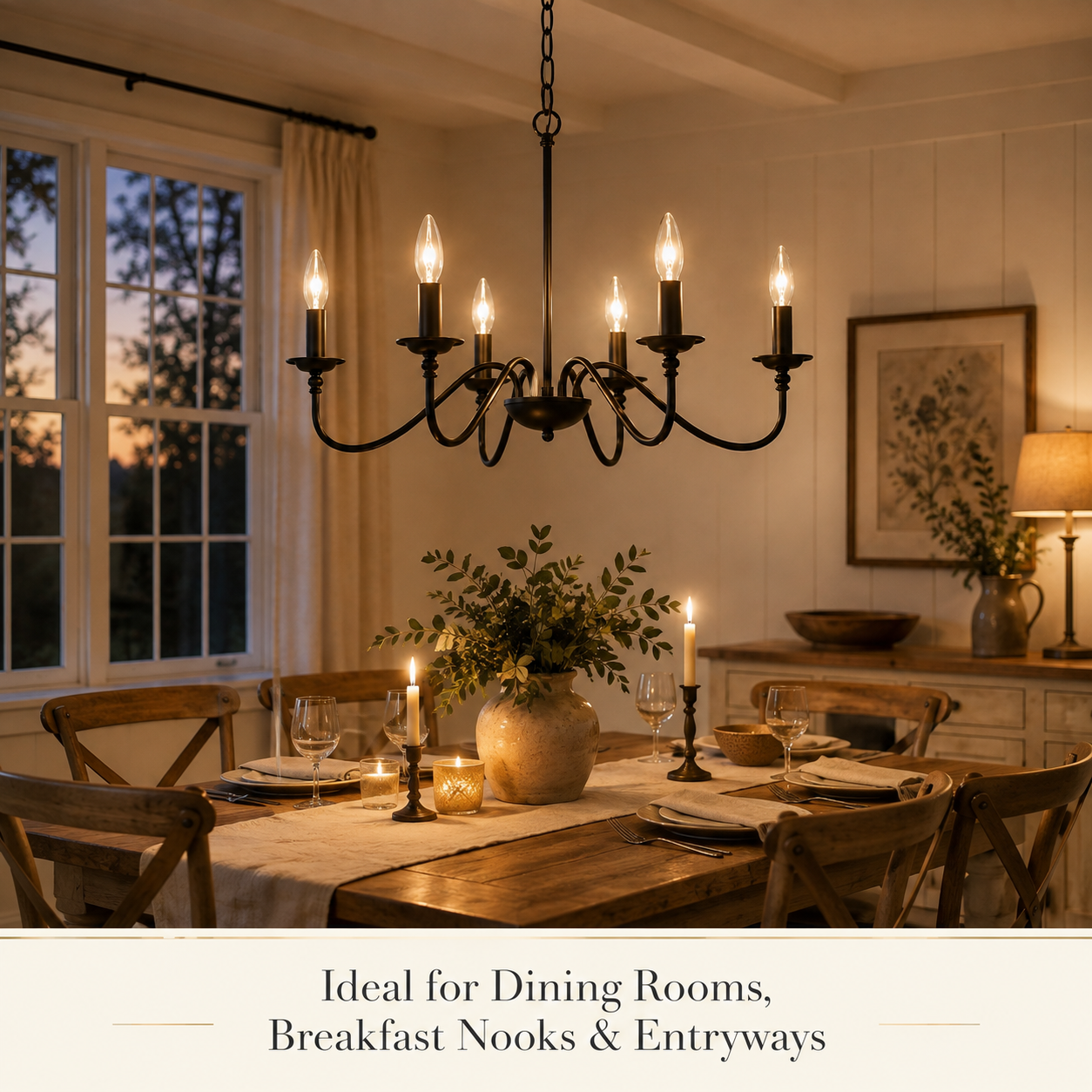 6-Light Matte Black Farmhouse Chandelier, E12 Candle Style Hanging Light