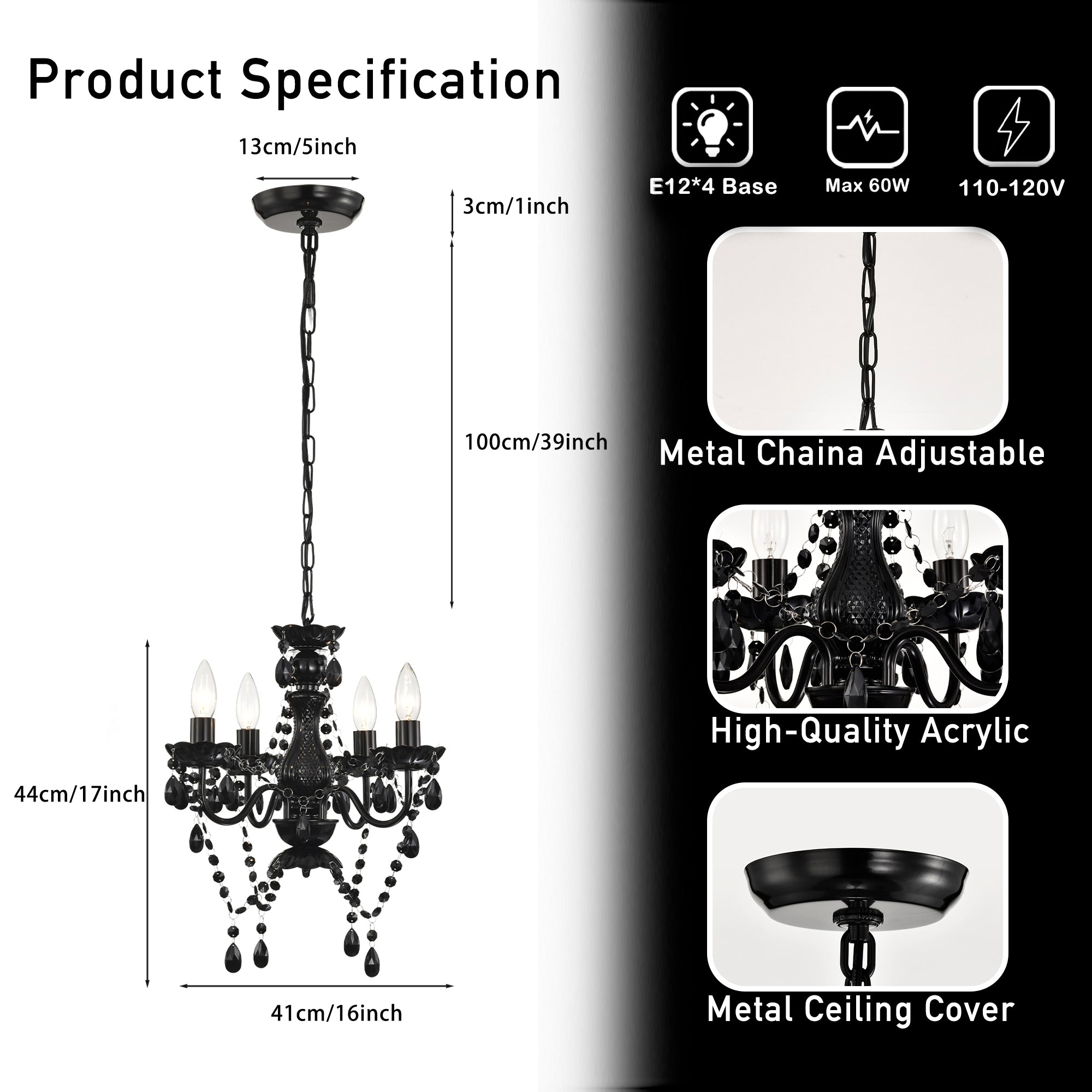 4-Light Acrylic Crystal Chandelier with Adjustable Chain