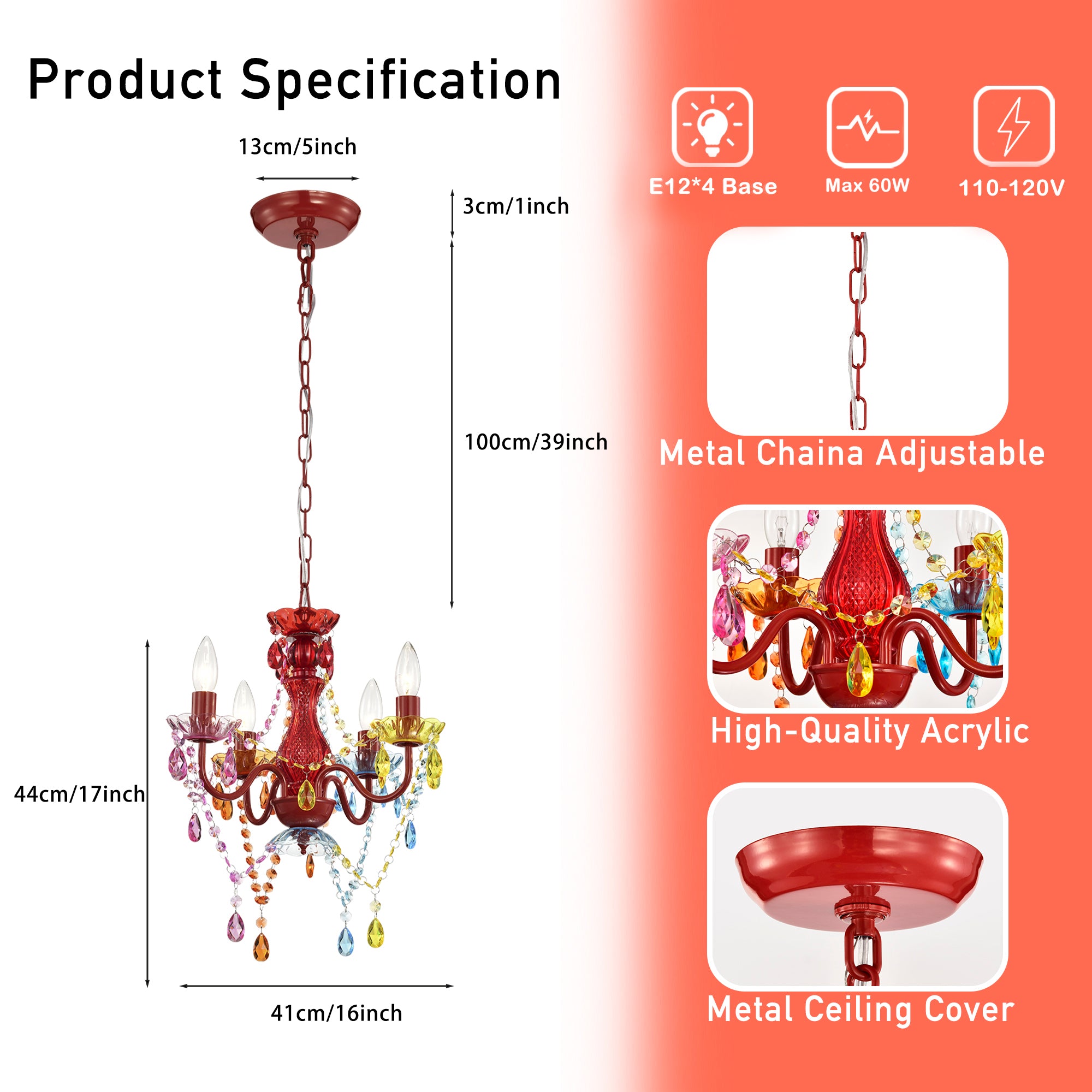 4-Light Acrylic Crystal Chandelier with Adjustable Chain